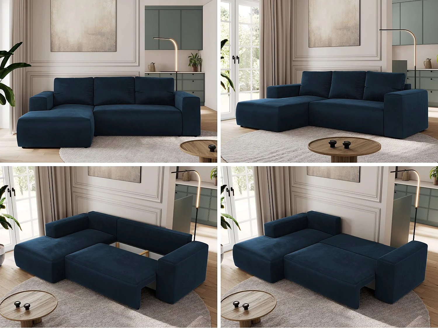 Ecksofa TRENTINO - mit Schlaffunktion und Bettkasten, L-form Couch, lose Kissen und Armlehnen - Dunkelblau Velvet - Ecke Links