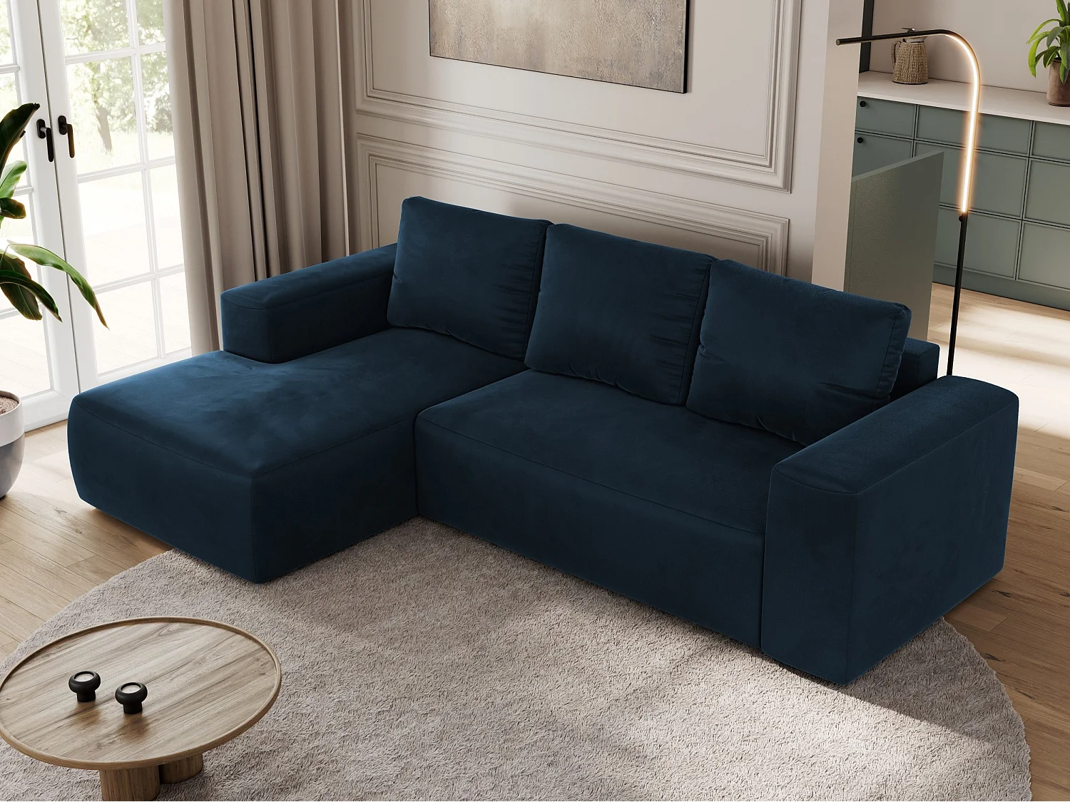 Ecksofa TRENTINO - mit Schlaffunktion und Bettkasten, L-form Couch, lose Kissen und Armlehnen - Dunkelblau Velvet - Ecke Links