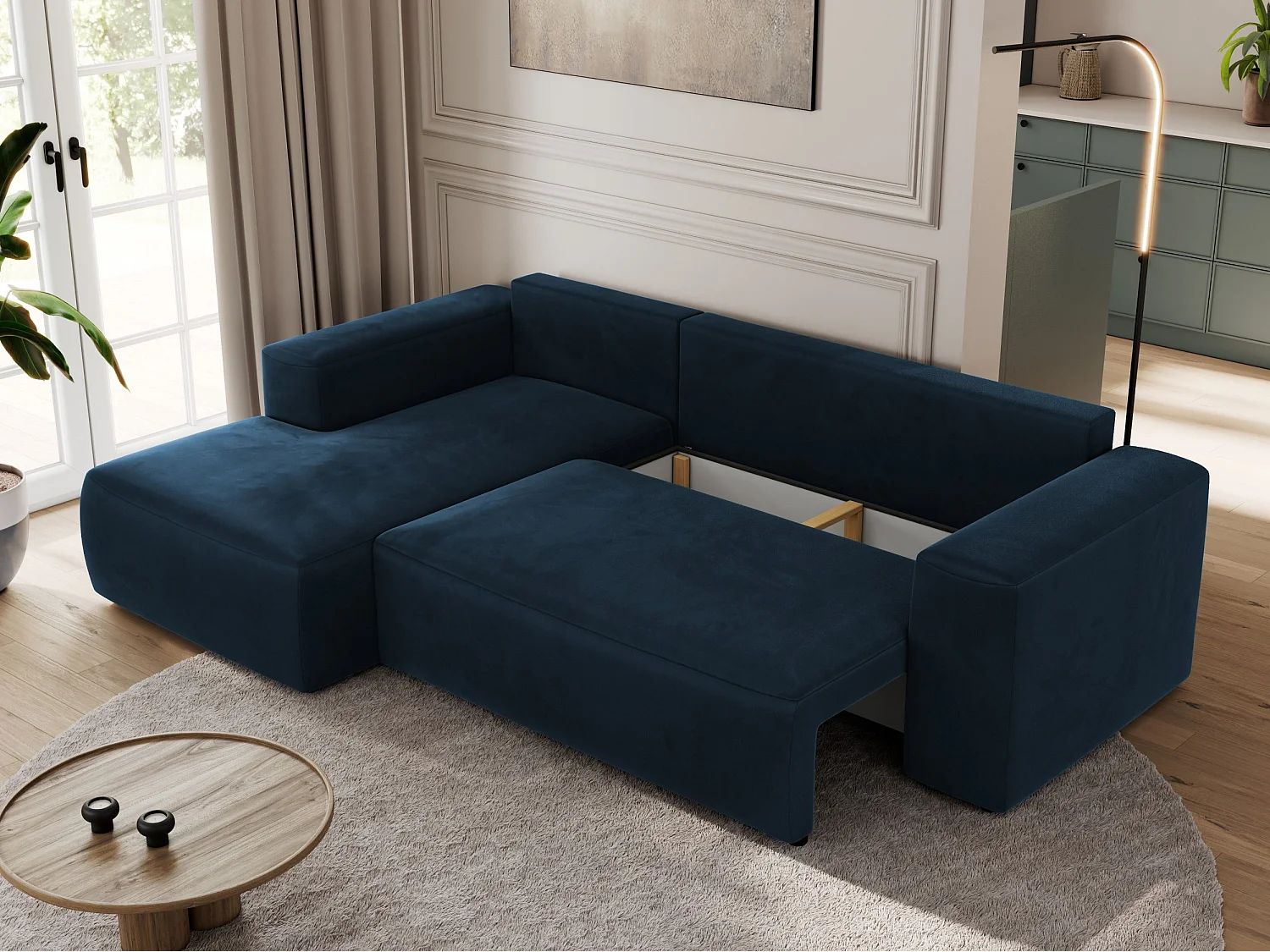 Ecksofa TRENTINO - mit Schlaffunktion und Bettkasten, L-form Couch, lose Kissen und Armlehnen - Dunkelblau Velvet - Ecke Links