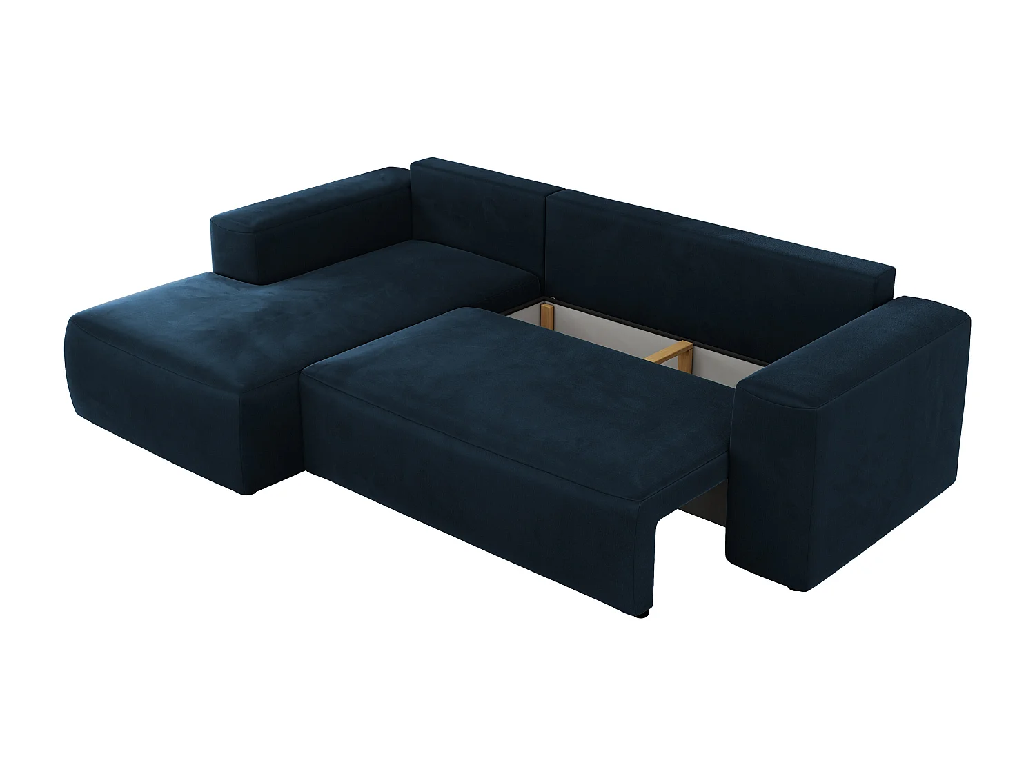 Ecksofa TRENTINO - mit Schlaffunktion und Bettkasten, L-form Couch, lose Kissen und Armlehnen - Dunkelblau Velvet - Ecke Links