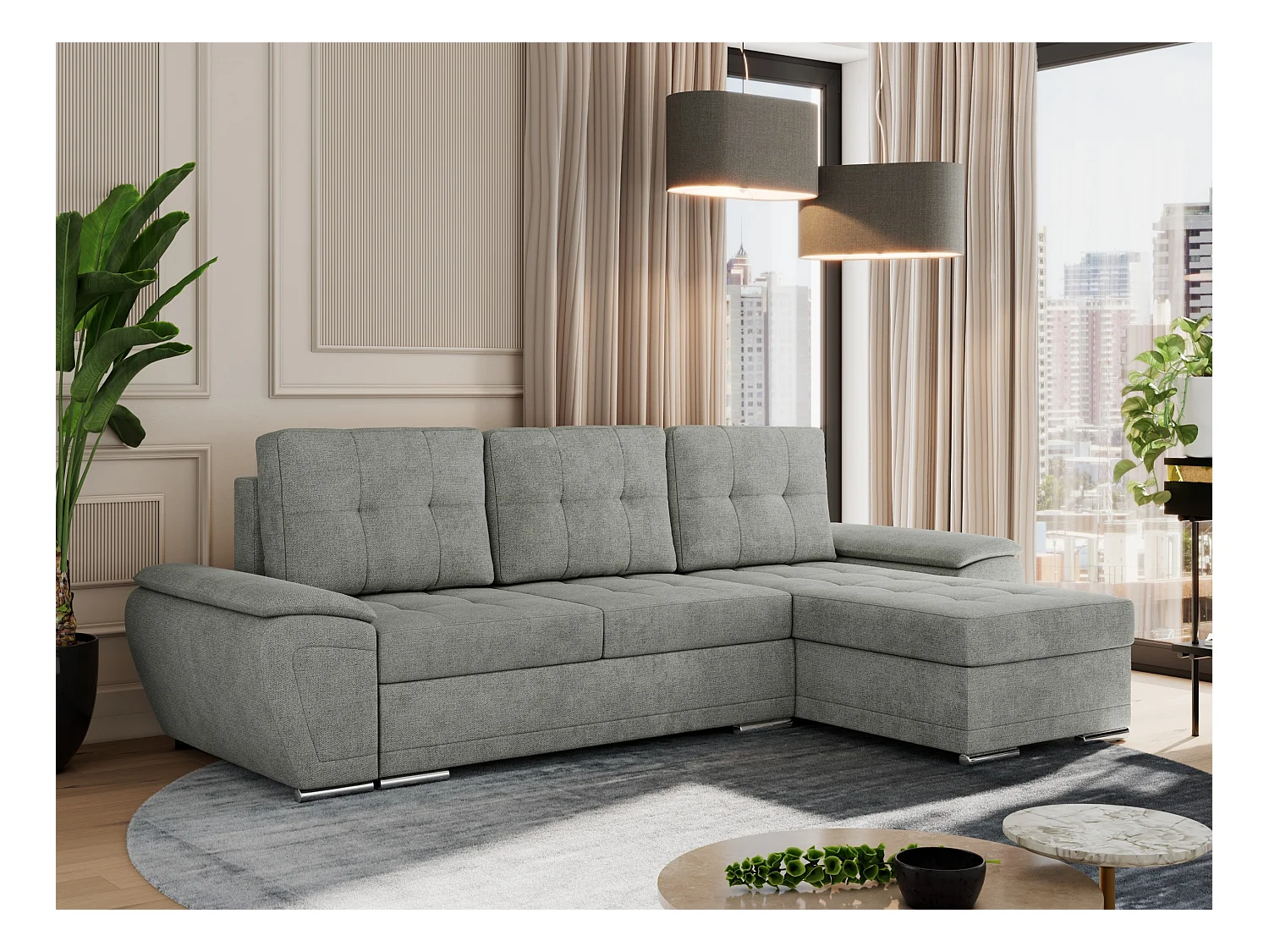 Ecksofa UMBRIA - universell L-form Couch, Schlaffunktion und Bettkasten, gesteppte Ecke - Grau Stukture