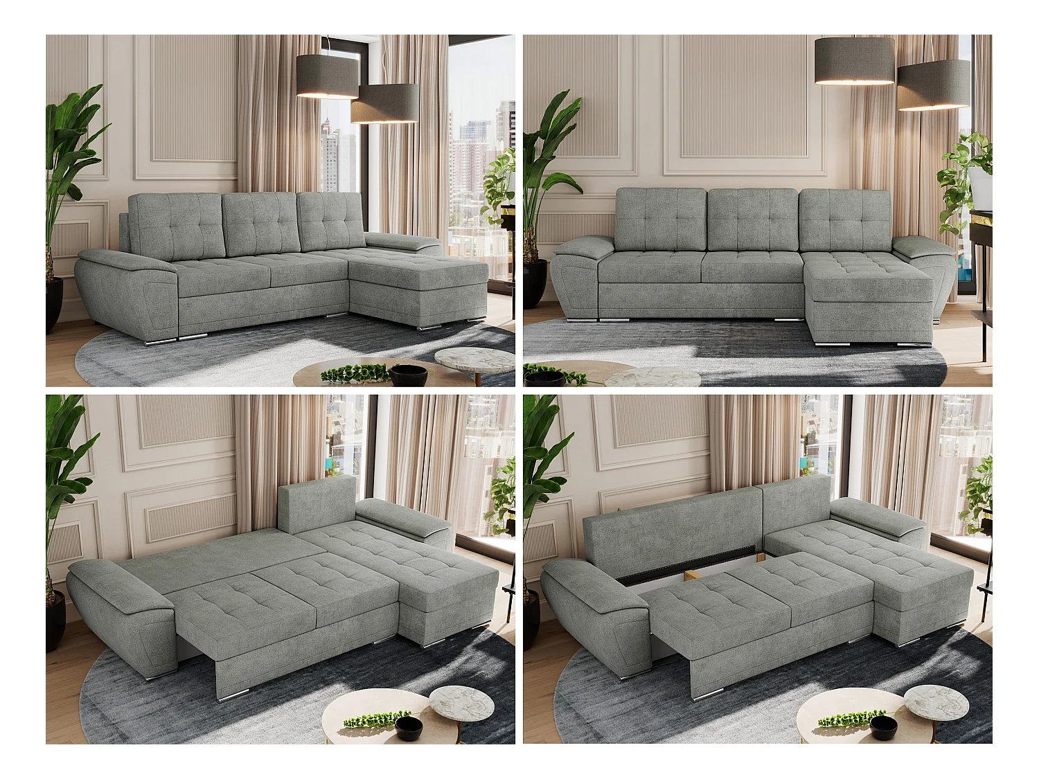 Ecksofa UMBRIA - universell L-form Couch, Schlaffunktion und Bettkasten, gesteppte Ecke - Grau Stukture