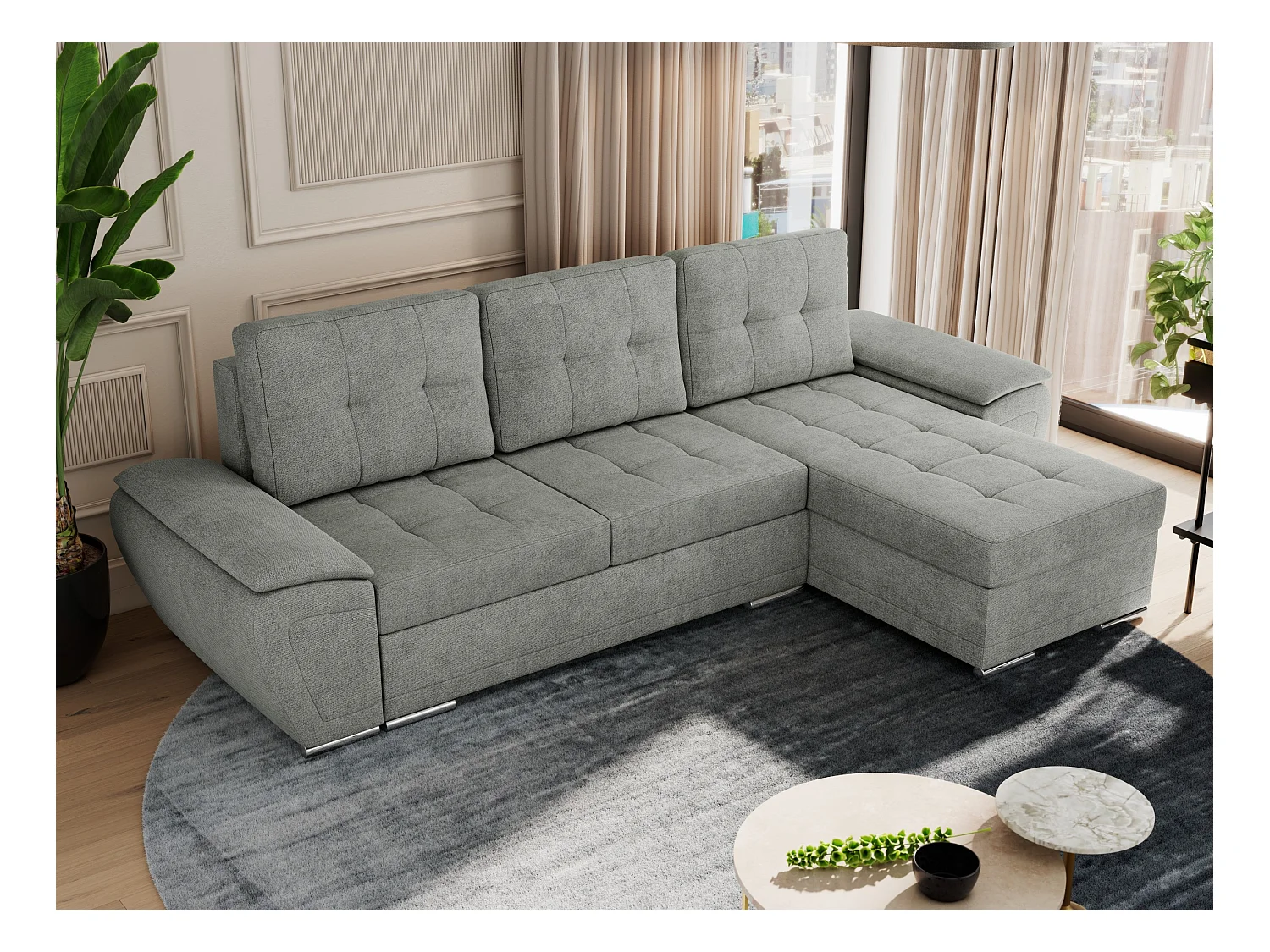 Ecksofa UMBRIA - universell L-form Couch, Schlaffunktion und Bettkasten, gesteppte Ecke - Grau Stukture