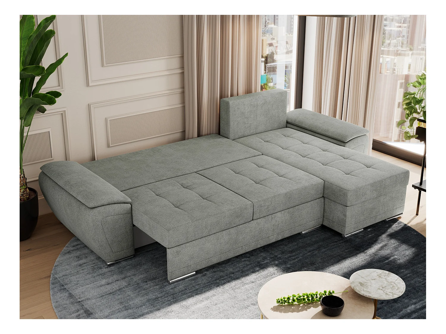 Ecksofa UMBRIA - universell L-form Couch, Schlaffunktion und Bettkasten, gesteppte Ecke - Grau Stukture