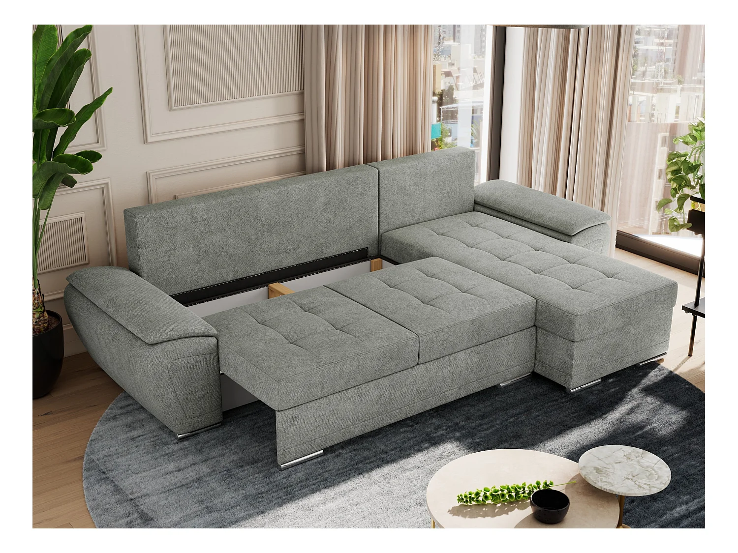 Ecksofa UMBRIA - universell L-form Couch, Schlaffunktion und Bettkasten, gesteppte Ecke - Grau Stukture