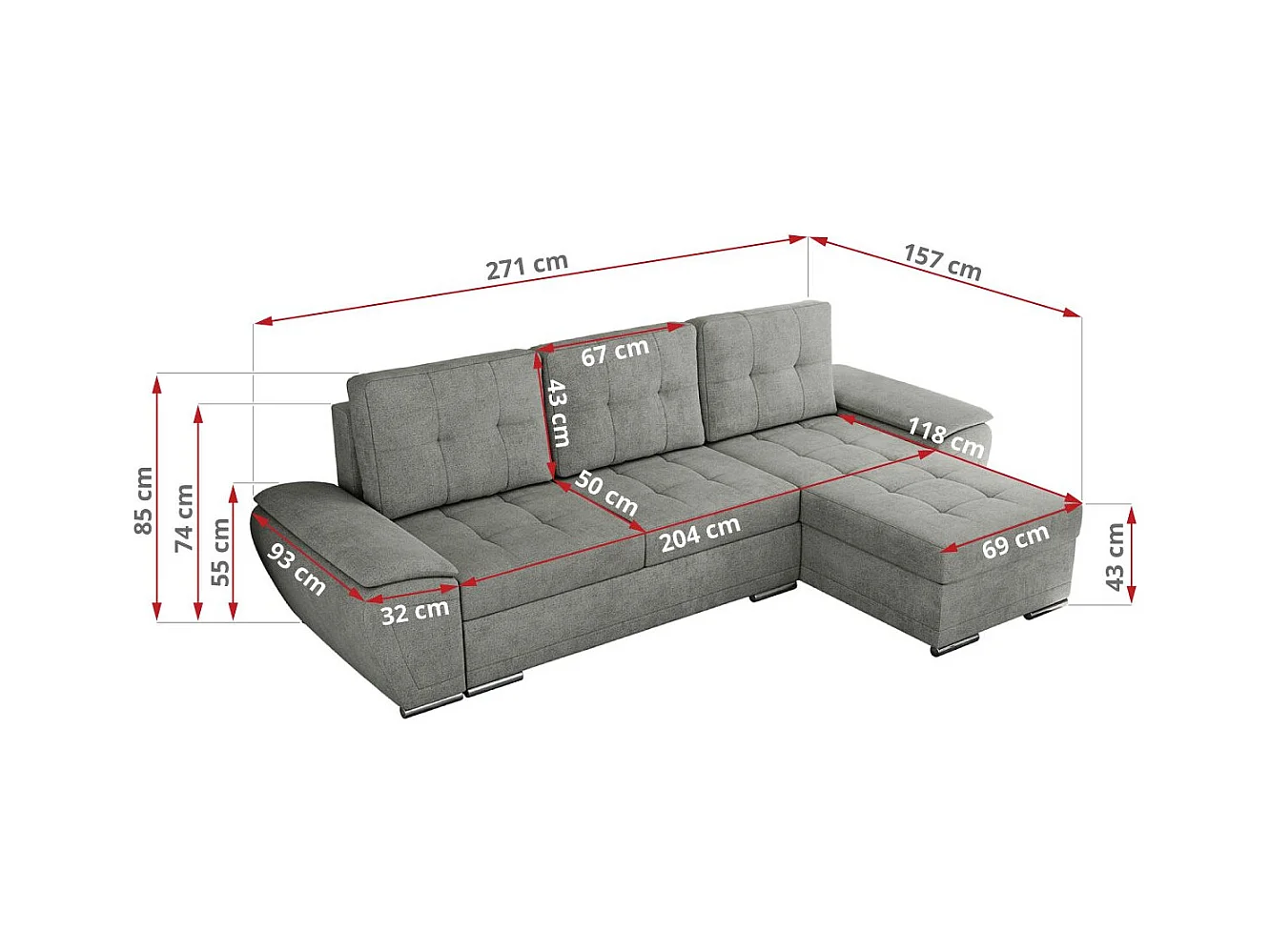 Ecksofa UMBRIA - universell L-form Couch, Schlaffunktion und Bettkasten, gesteppte Ecke - Grau Stukture