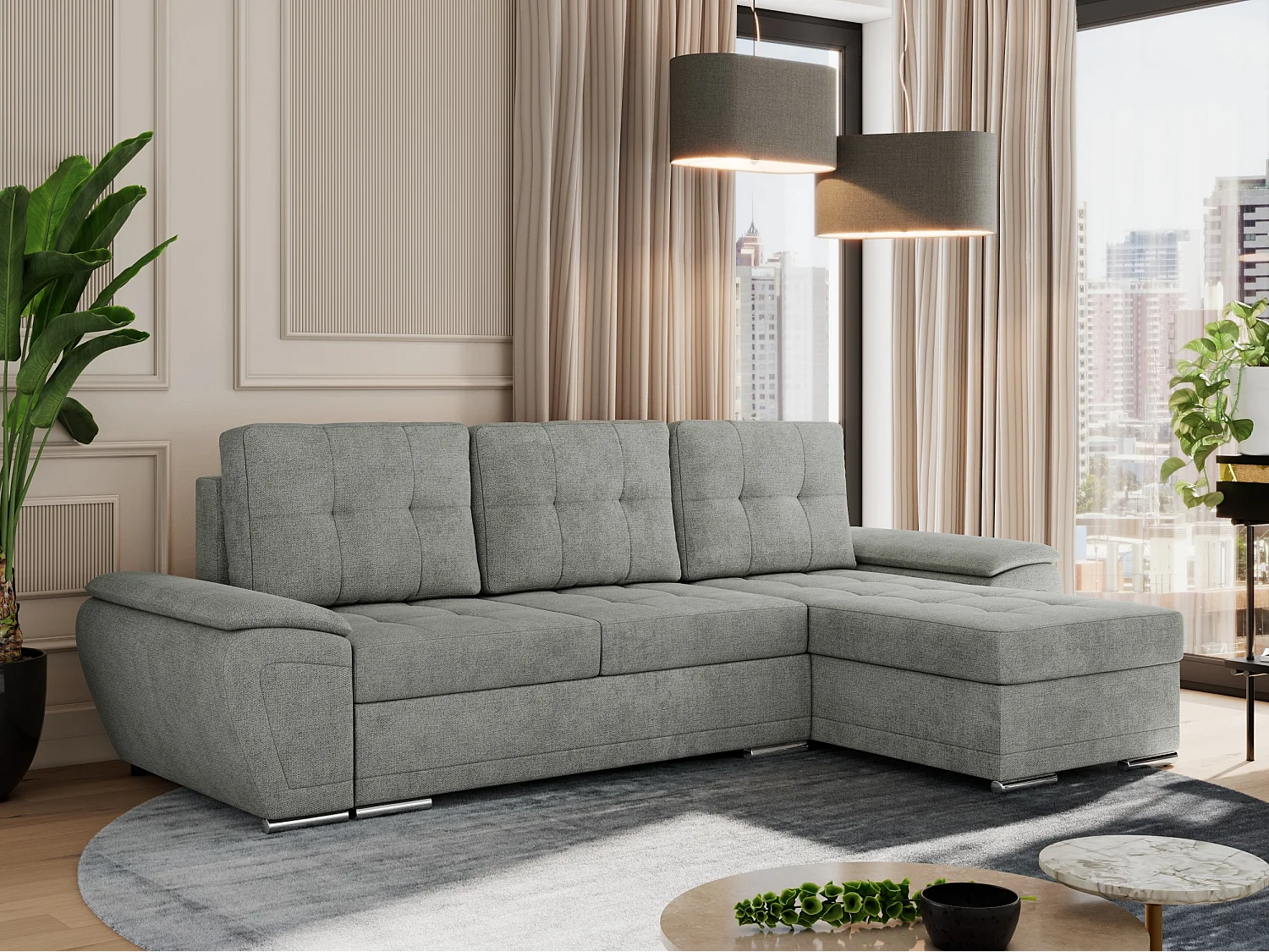 Ecksofa UMBRIA - universell L-form Couch, Schlaffunktion und Bettkasten, gesteppte Ecke - Grau Stukture