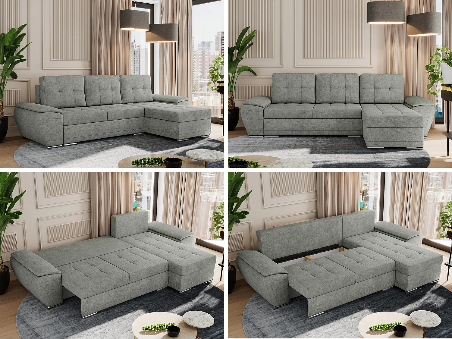 Ecksofa UMBRIA - universell L-form Couch, Schlaffunktion und Bettkasten, gesteppte Ecke - Grau Stukture