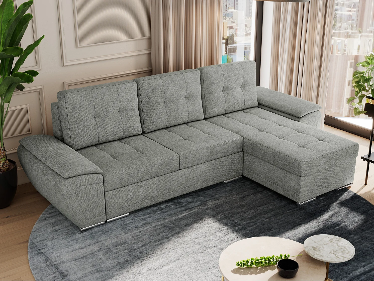 Ecksofa UMBRIA - universell L-form Couch, Schlaffunktion und Bettkasten, gesteppte Ecke - Grau Stukture