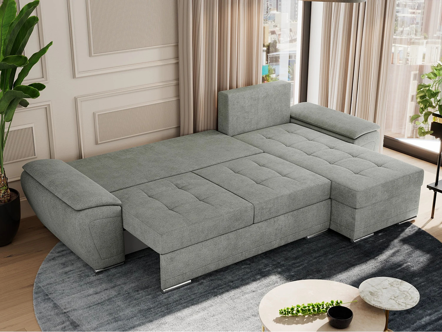 Ecksofa UMBRIA - universell L-form Couch, Schlaffunktion und Bettkasten, gesteppte Ecke - Grau Stukture