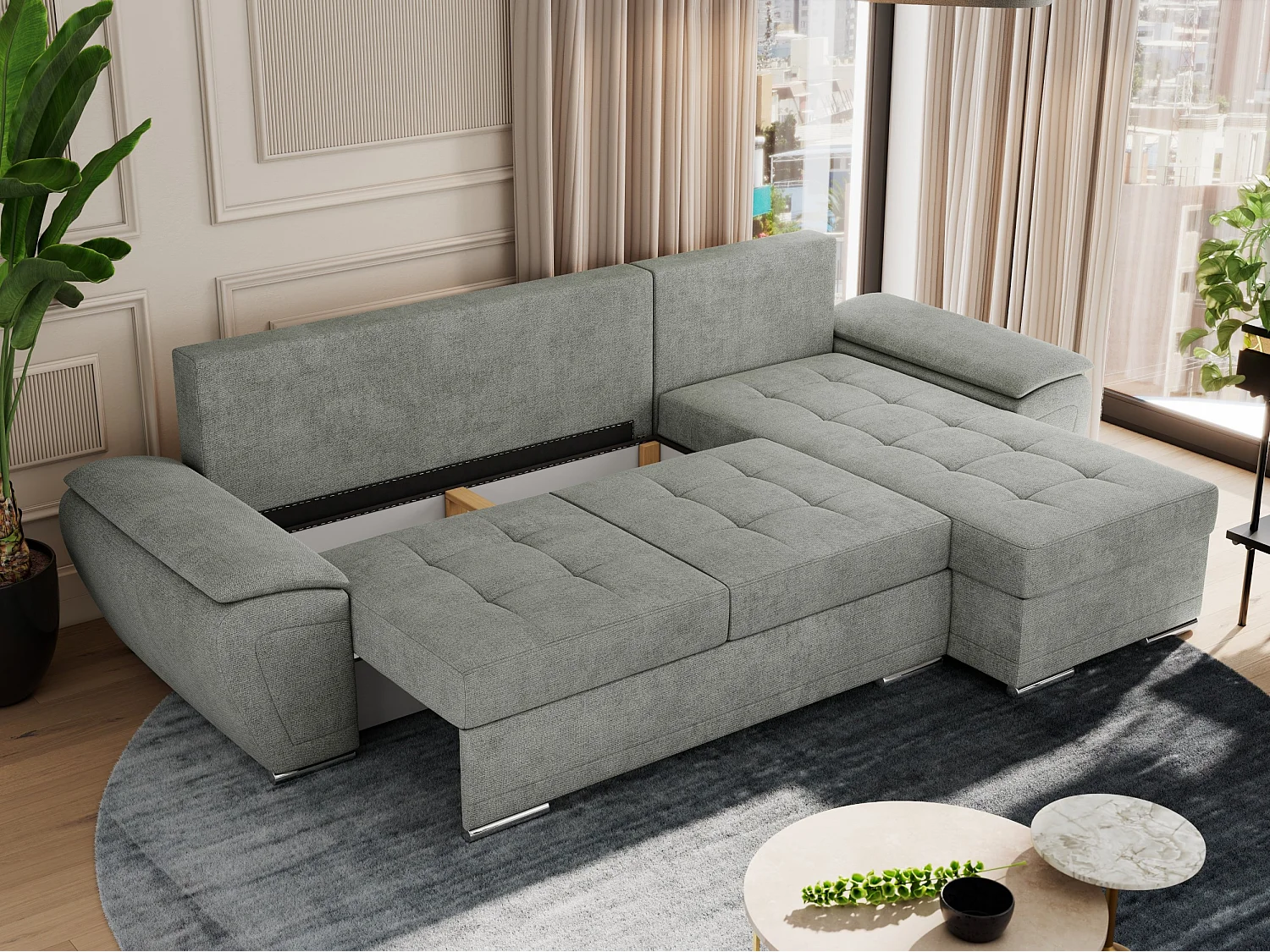 Ecksofa UMBRIA - universell L-form Couch, Schlaffunktion und Bettkasten, gesteppte Ecke - Grau Stukture