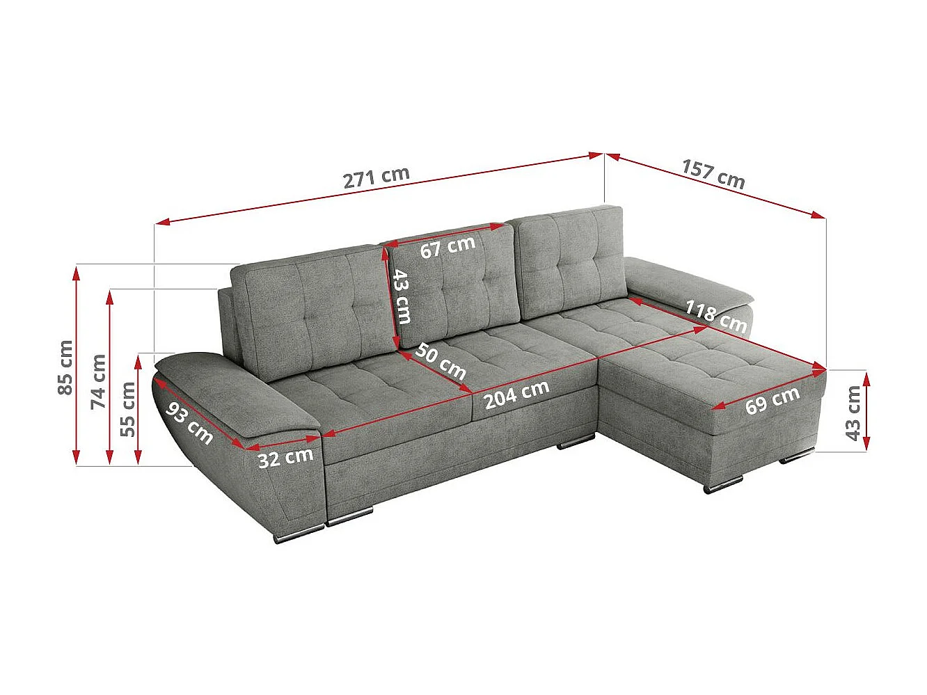 Ecksofa UMBRIA - universell L-form Couch, Schlaffunktion und Bettkasten, gesteppte Ecke - Grau Stukture