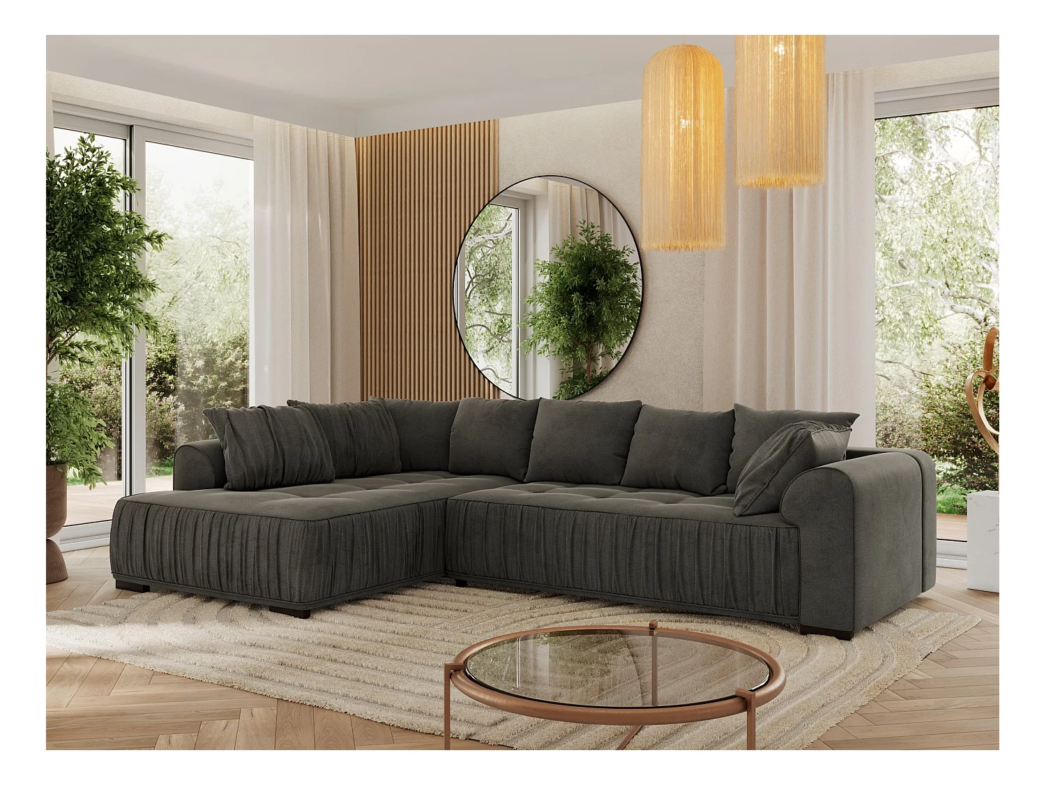 Ecksofa ORTA - Schlaffunktion und Bettkasten, lose Kissen, gesteppter Sitz, L-förmige Ecke - Dunkelgrau Velvet - Ecke Links