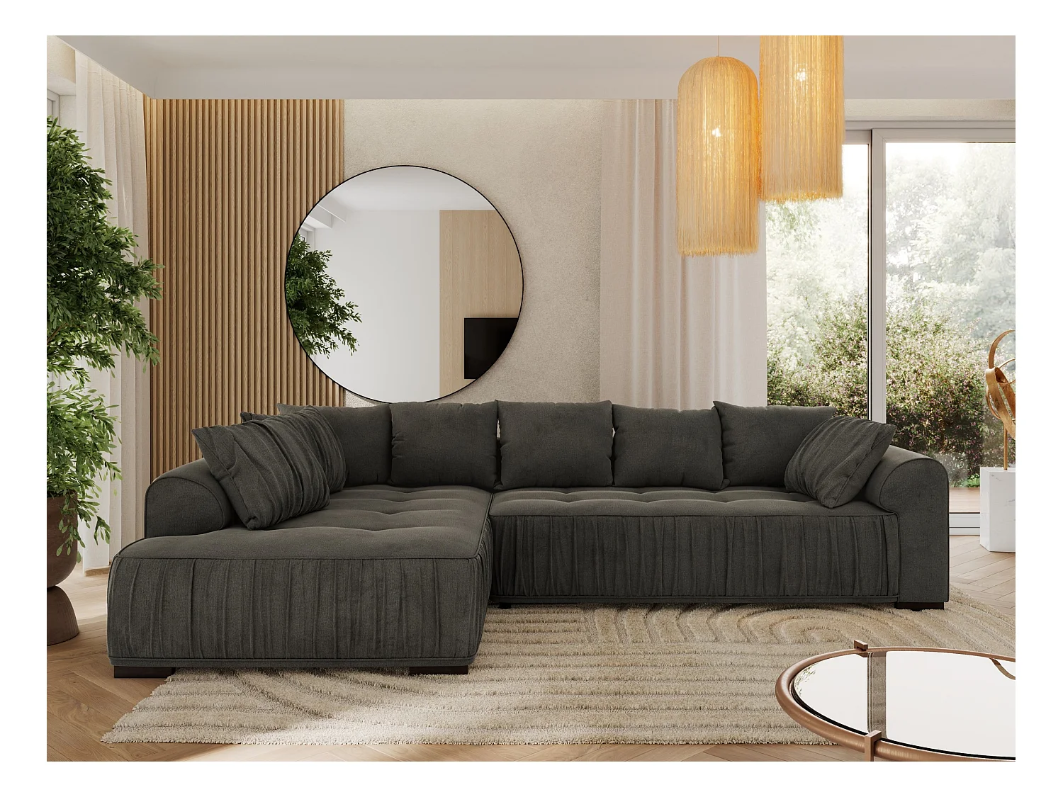 Ecksofa ORTA - Schlaffunktion und Bettkasten, lose Kissen, gesteppter Sitz, L-förmige Ecke - Dunkelgrau Velvet - Ecke Links