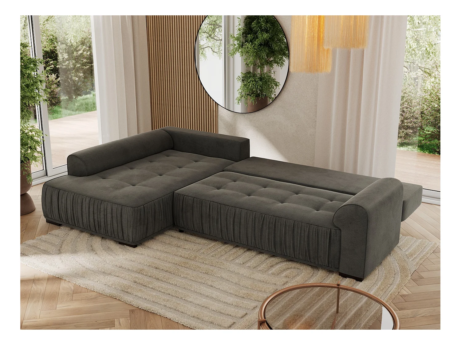 Ecksofa ORTA - Schlaffunktion und Bettkasten, lose Kissen, gesteppter Sitz, L-förmige Ecke - Dunkelgrau Velvet - Ecke Links