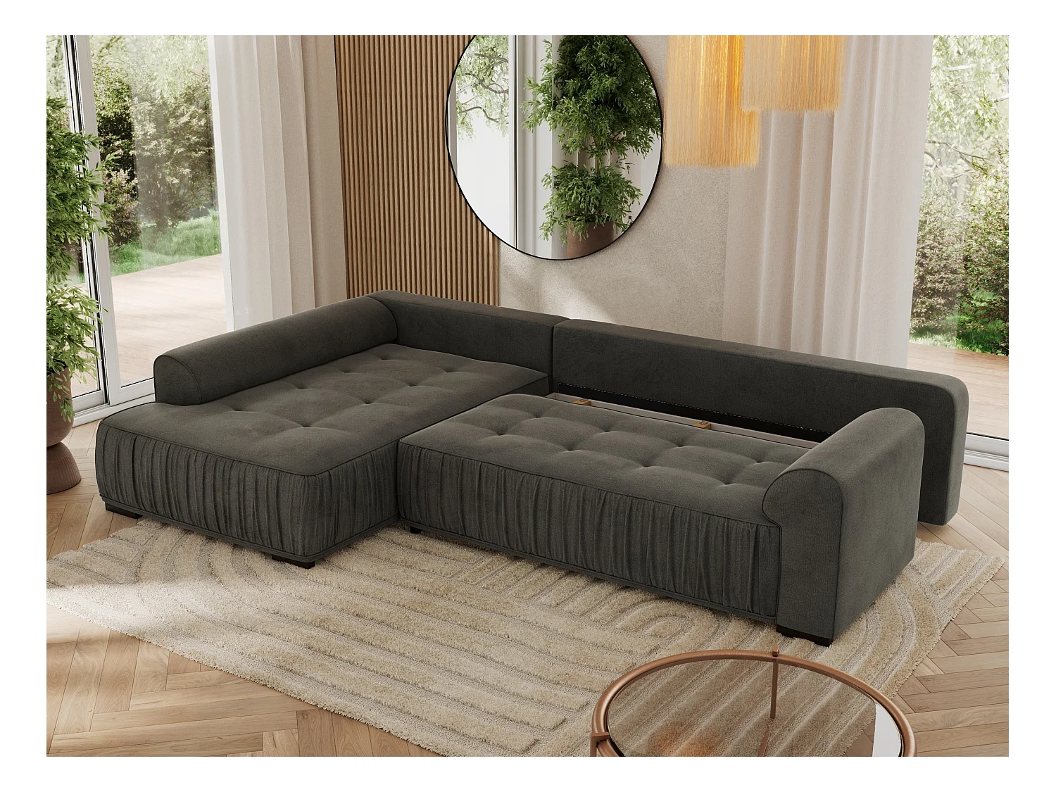 Ecksofa ORTA - Schlaffunktion und Bettkasten, lose Kissen, gesteppter Sitz, L-förmige Ecke - Dunkelgrau Velvet - Ecke Links