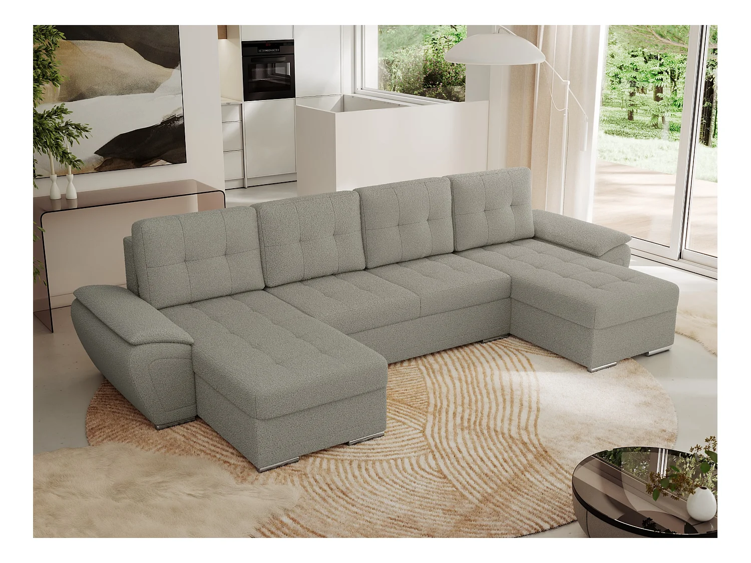 Ecksofa UMBRIA U - XXL Wohnlandschaft, mit Schlaffunktion und Bettkasten, genähte Ecke - Hellgrau Boucle