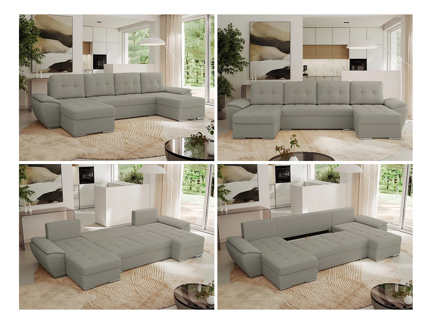 Ecksofa UMBRIA U - XXL Wohnlandschaft, mit Schlaffunktion und Bettkasten, genähte Ecke - Hellgrau Boucle