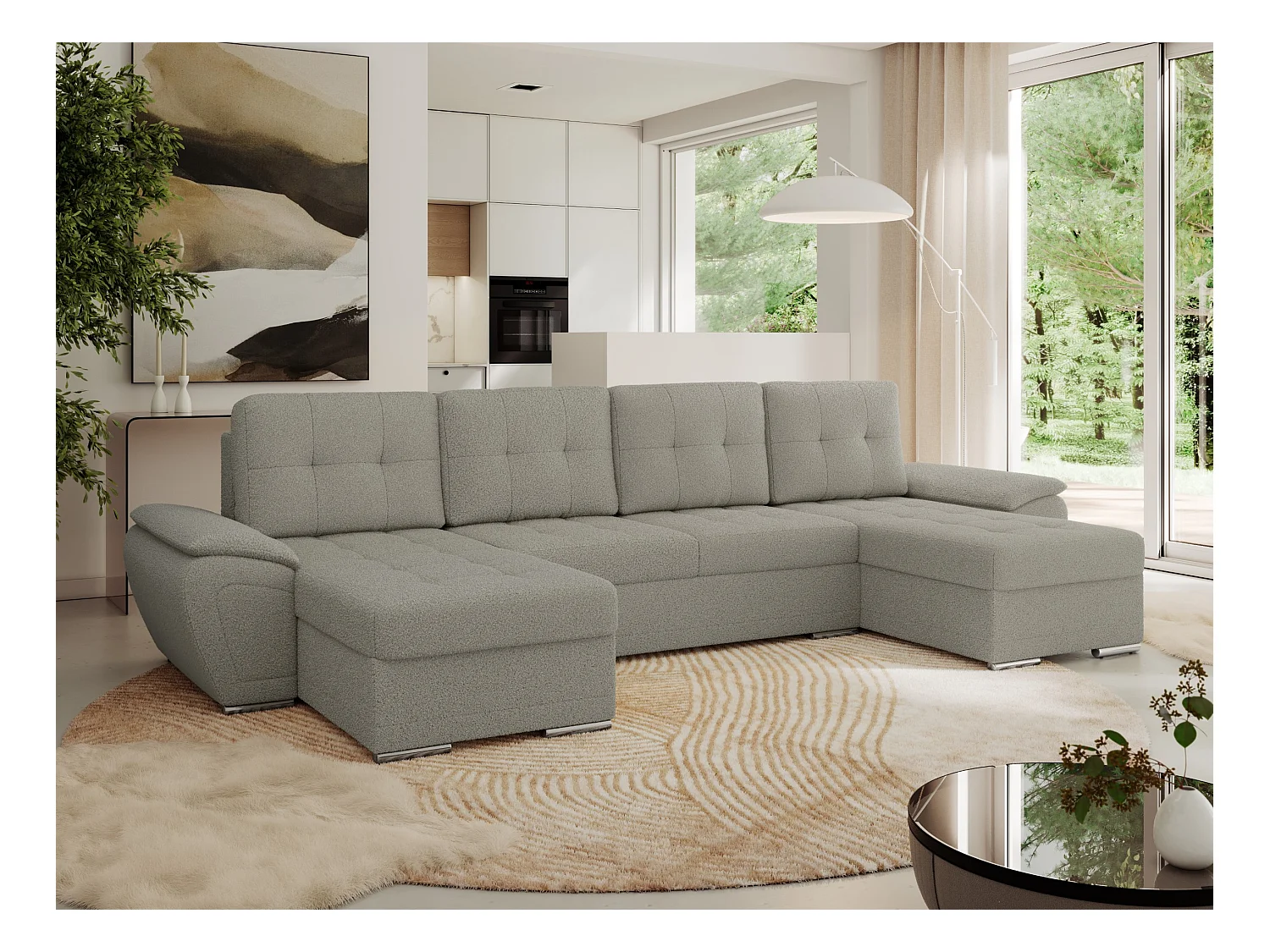 Ecksofa UMBRIA U - XXL Wohnlandschaft, mit Schlaffunktion und Bettkasten, genähte Ecke - Hellgrau Boucle