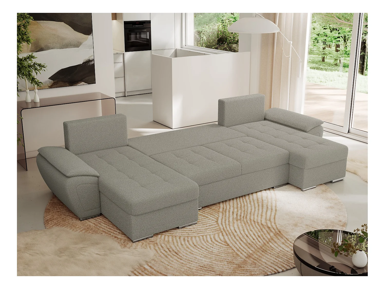 Ecksofa UMBRIA U - XXL Wohnlandschaft, mit Schlaffunktion und Bettkasten, genähte Ecke - Hellgrau Boucle