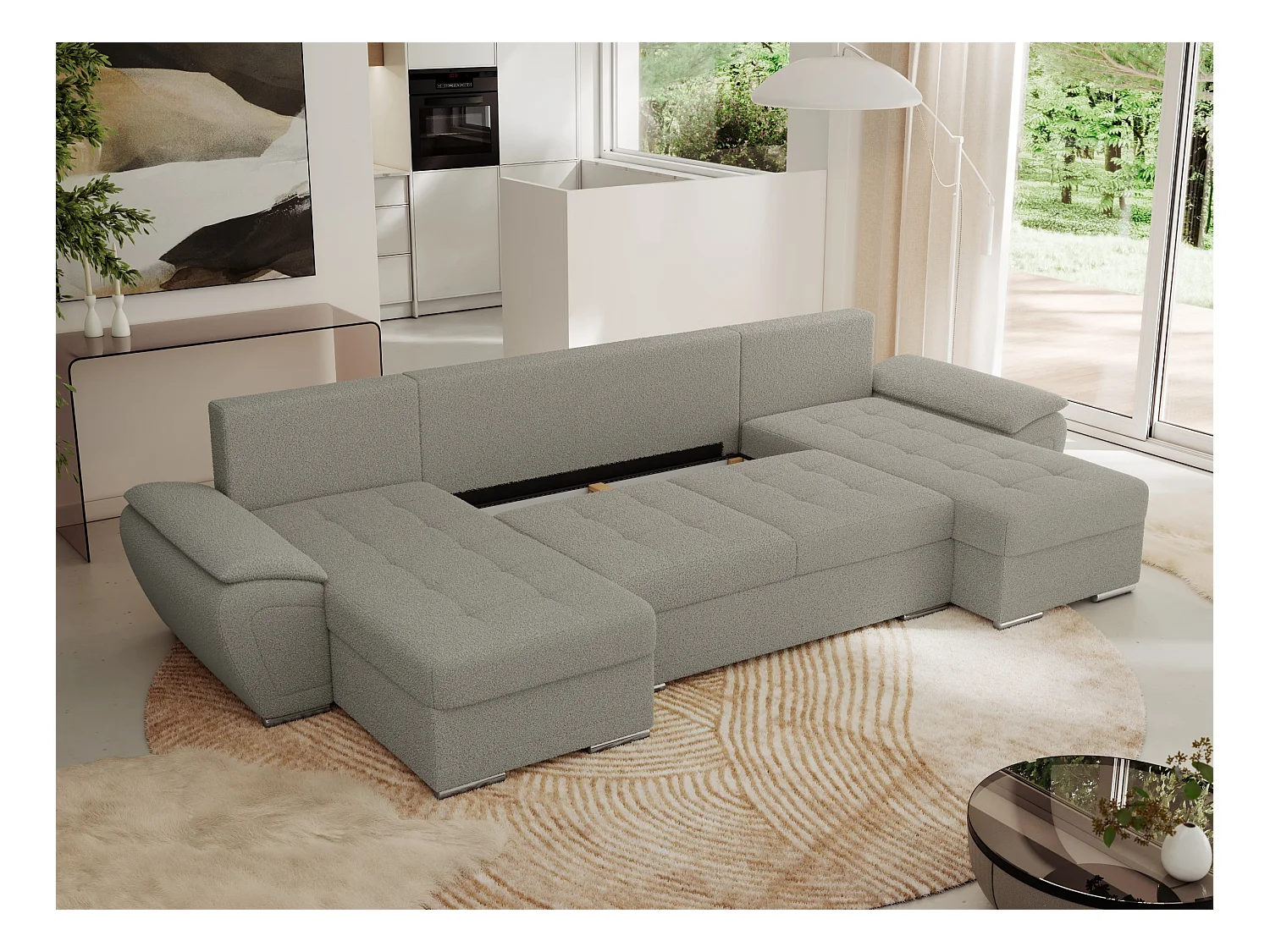 Ecksofa UMBRIA U - XXL Wohnlandschaft, mit Schlaffunktion und Bettkasten, genähte Ecke - Hellgrau Boucle