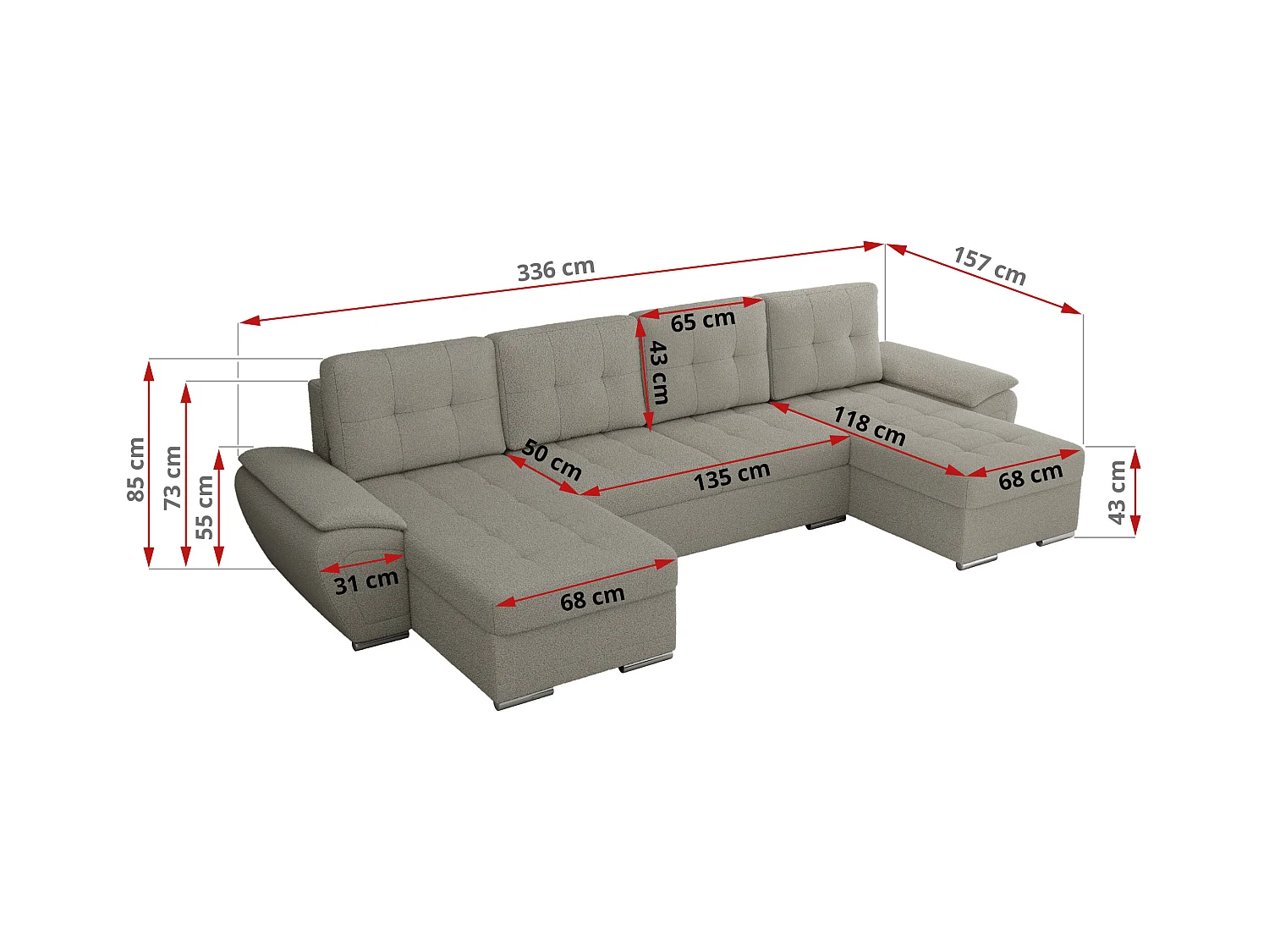 Ecksofa UMBRIA U - XXL Wohnlandschaft, mit Schlaffunktion und Bettkasten, genähte Ecke - Hellgrau Boucle