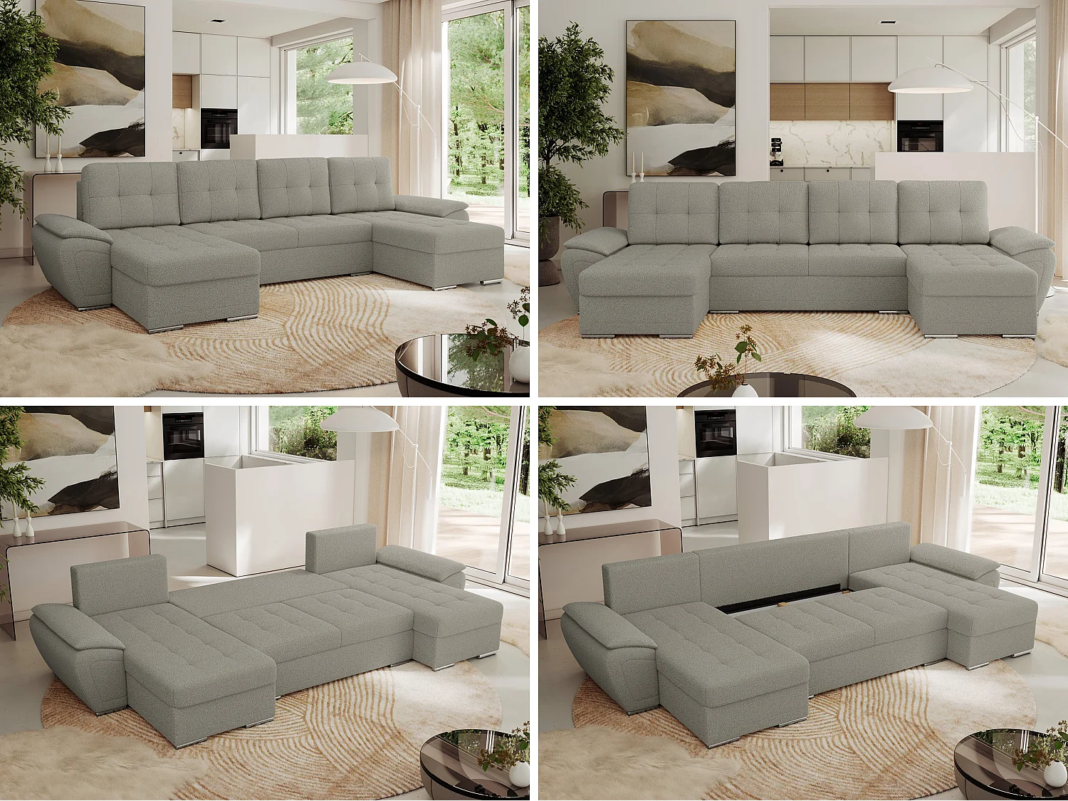 Ecksofa UMBRIA U - XXL Wohnlandschaft, mit Schlaffunktion und Bettkasten, genähte Ecke - Hellgrau Boucle