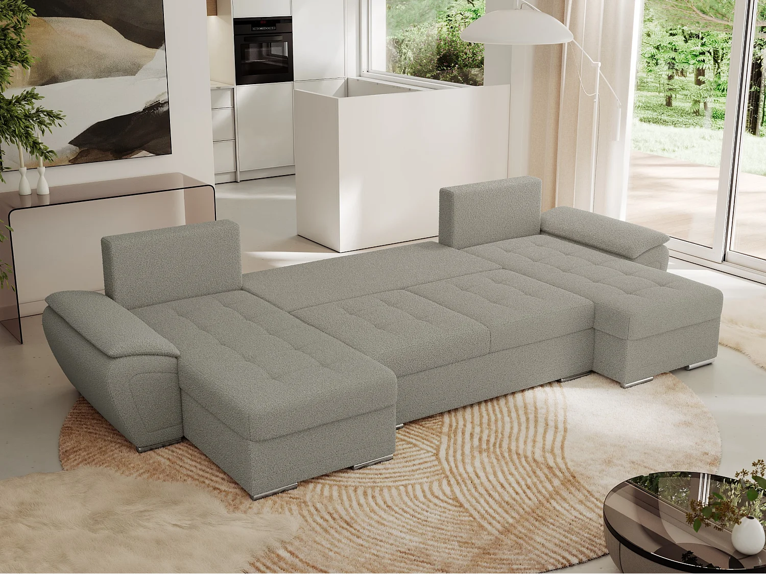 Ecksofa UMBRIA U - XXL Wohnlandschaft, mit Schlaffunktion und Bettkasten, genähte Ecke - Hellgrau Boucle