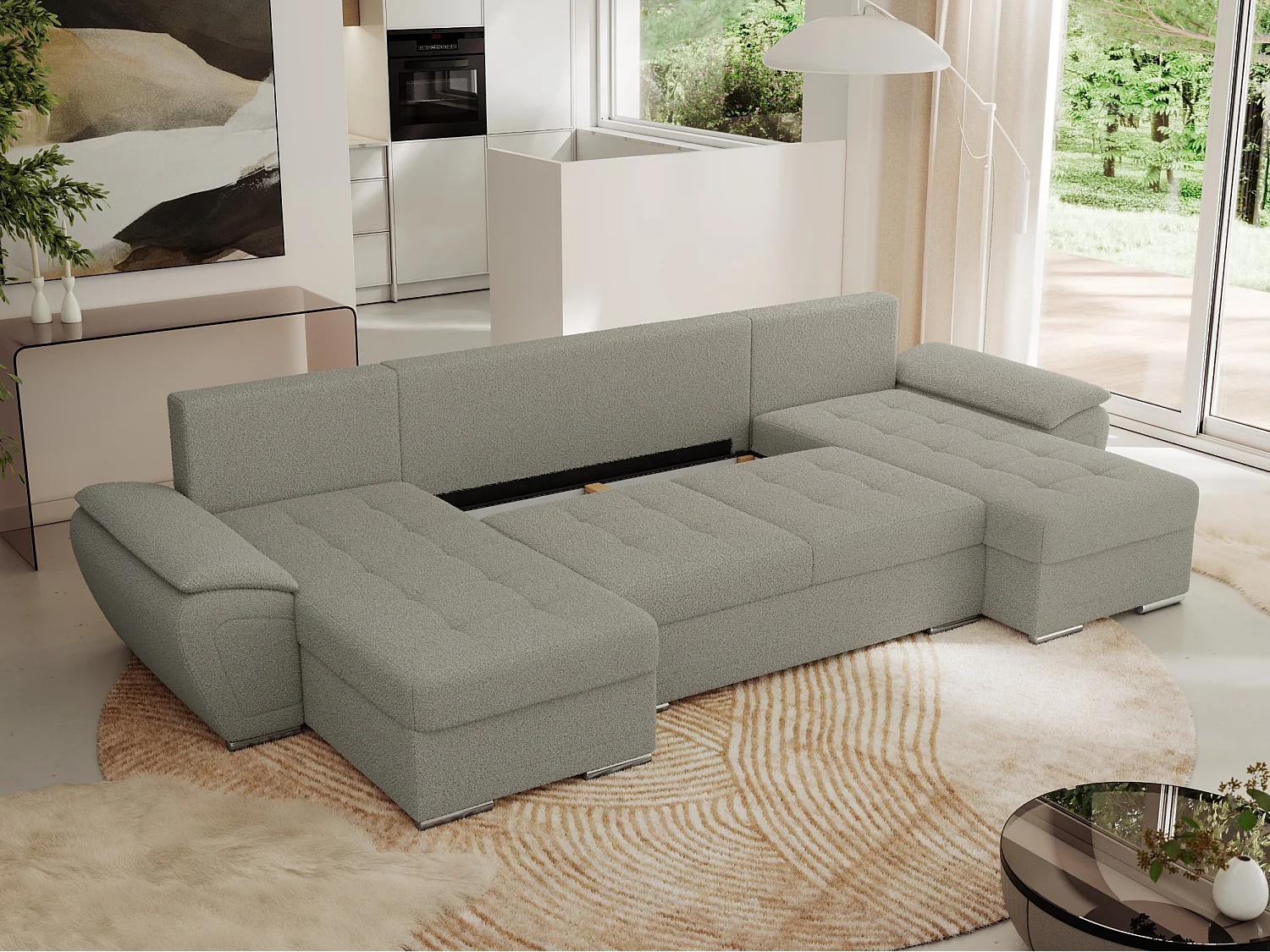 Ecksofa UMBRIA U - XXL Wohnlandschaft, mit Schlaffunktion und Bettkasten, genähte Ecke - Hellgrau Boucle