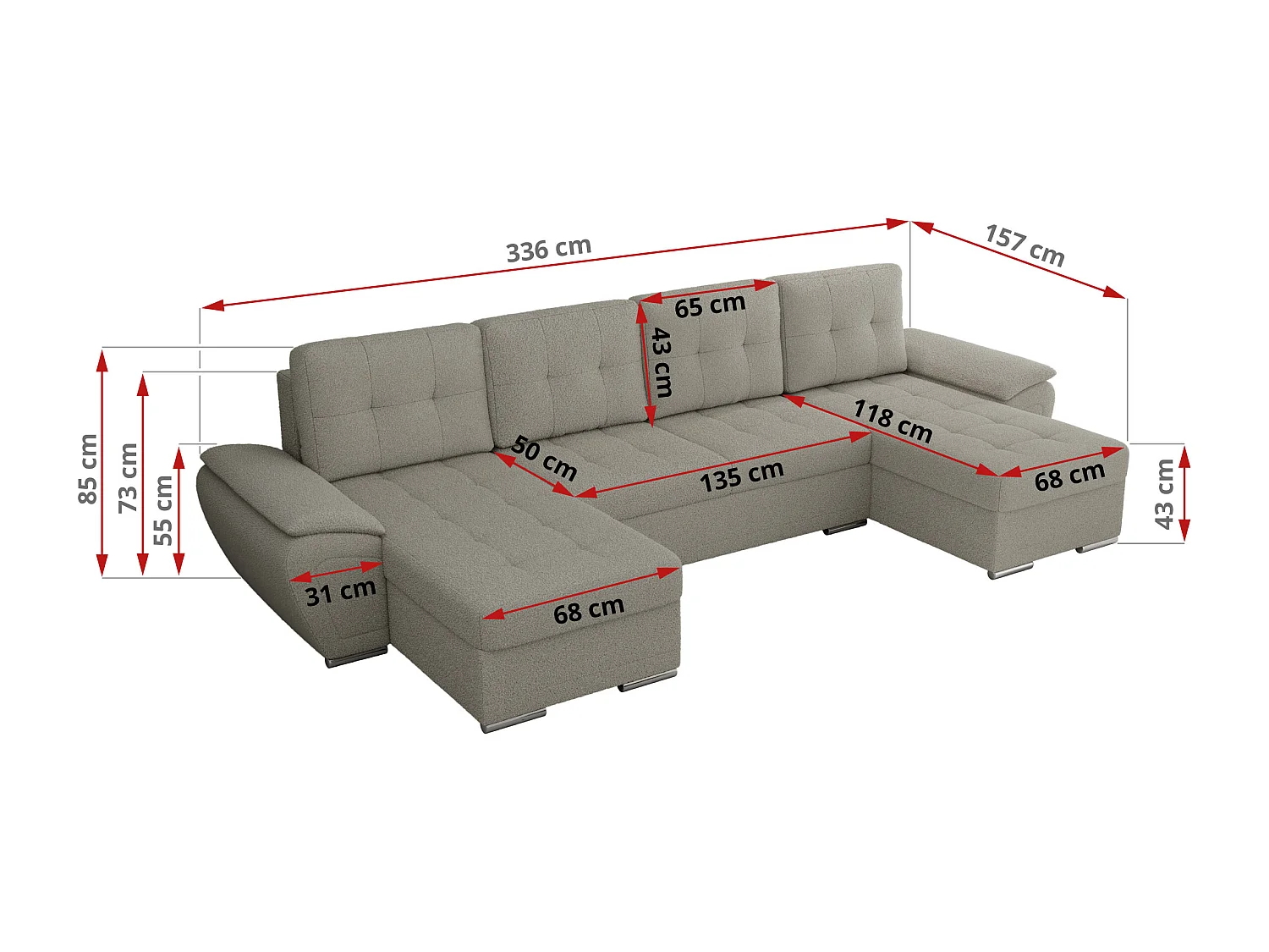 Ecksofa UMBRIA U - XXL Wohnlandschaft, mit Schlaffunktion und Bettkasten, genähte Ecke - Hellgrau Boucle