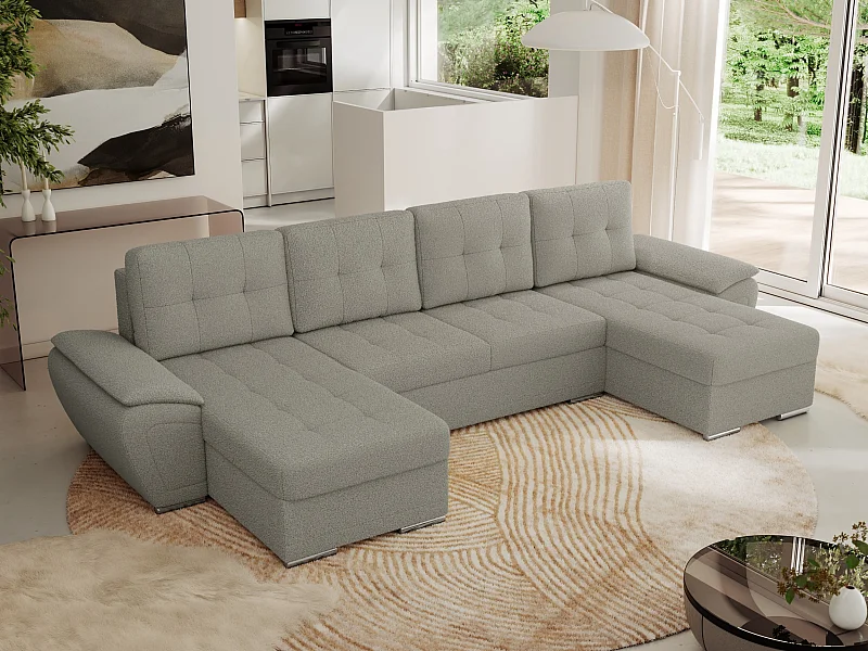 Ecksofa UMBRIA U - XXL Wohnlandschaft, mit Schlaffunktion und Bettkasten, genähte Ecke - Hellgrau Boucle