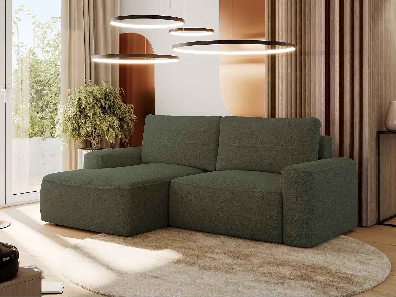 Ecksofa BELLUNO - Schlafsofa mit Bettkasten, Armlehnen, Couch L-form mit Schlaffunktion - Grün Boucle - Ecke Links