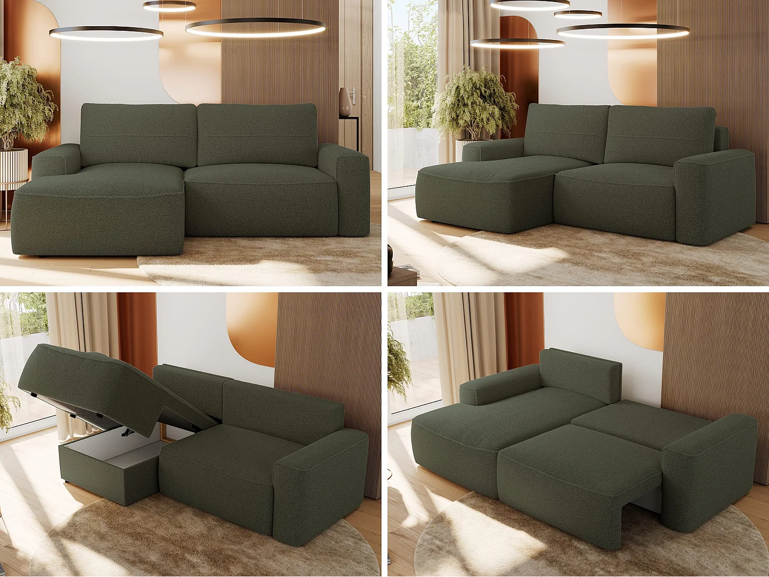 Ecksofa BELLUNO - Schlafsofa mit Bettkasten, Armlehnen, Couch L-form mit Schlaffunktion - Grün Boucle - Ecke Links
