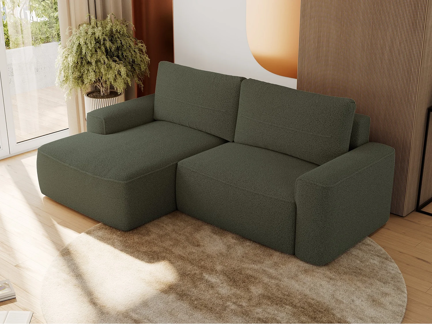 Ecksofa BELLUNO - Schlafsofa mit Bettkasten, Armlehnen, Couch L-form mit Schlaffunktion - Grün Boucle - Ecke Links