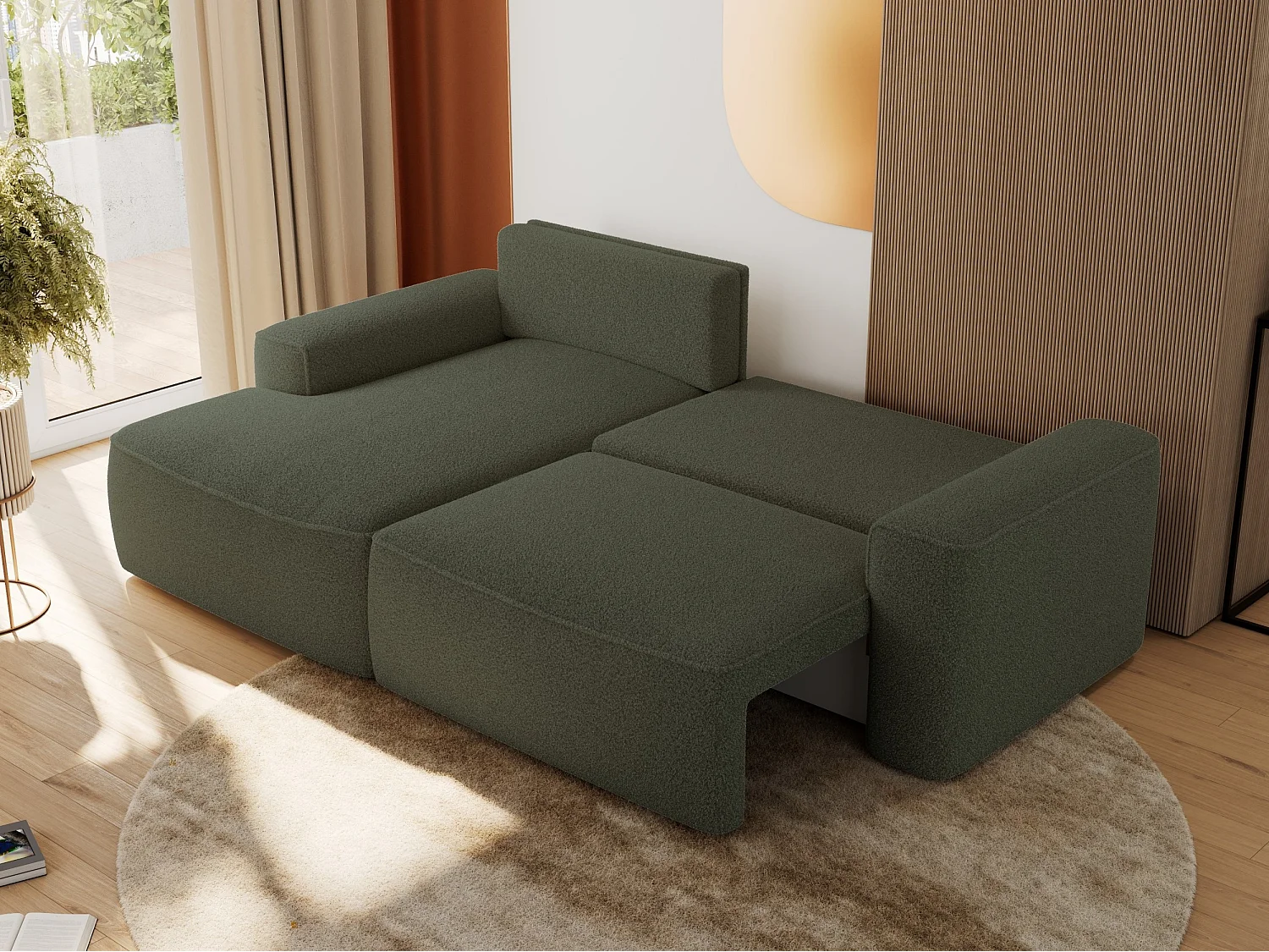Ecksofa BELLUNO - Schlafsofa mit Bettkasten, Armlehnen, Couch L-form mit Schlaffunktion - Grün Boucle - Ecke Links