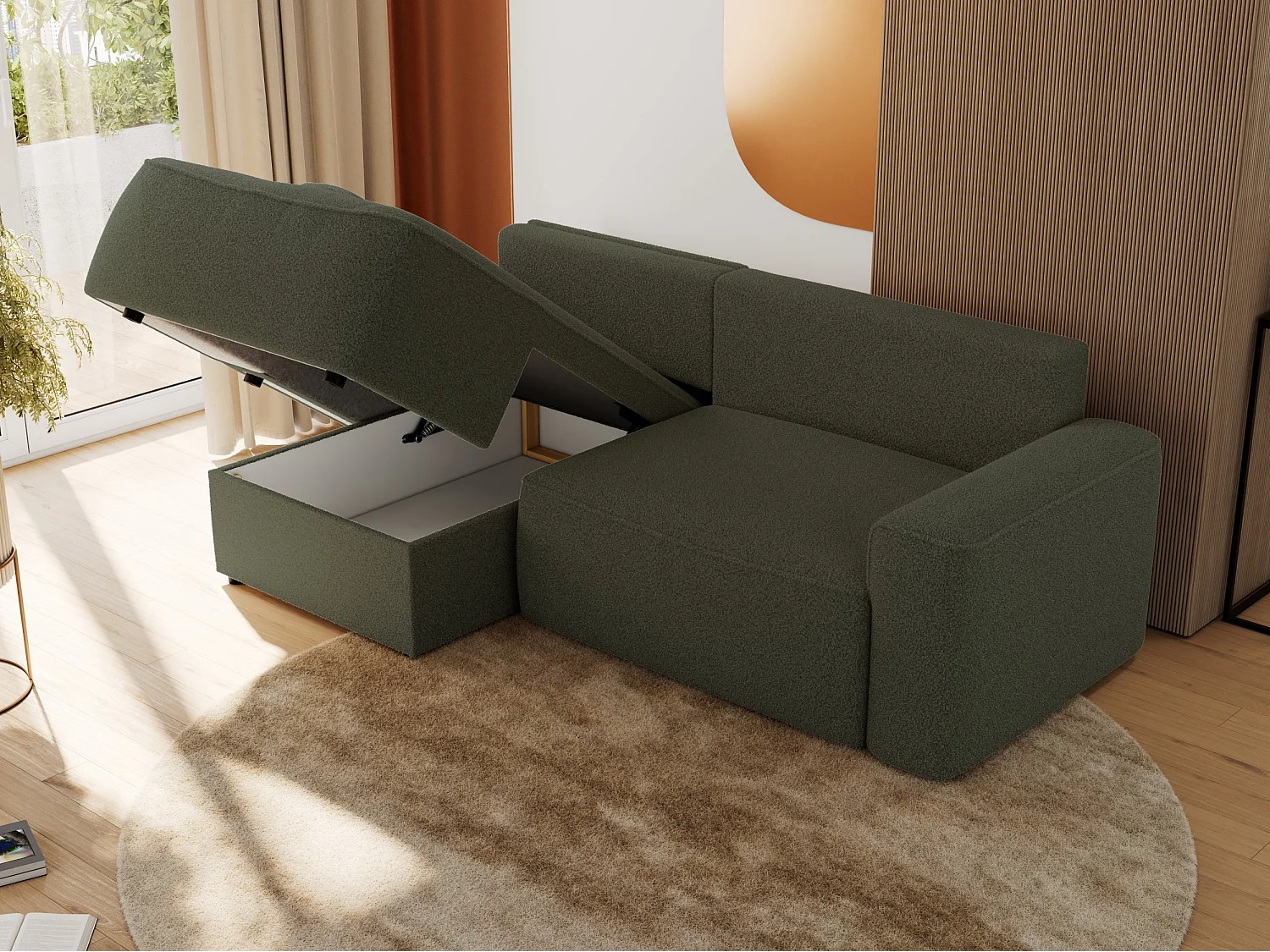 Ecksofa BELLUNO - Schlafsofa mit Bettkasten, Armlehnen, Couch L-form mit Schlaffunktion - Grün Boucle - Ecke Links