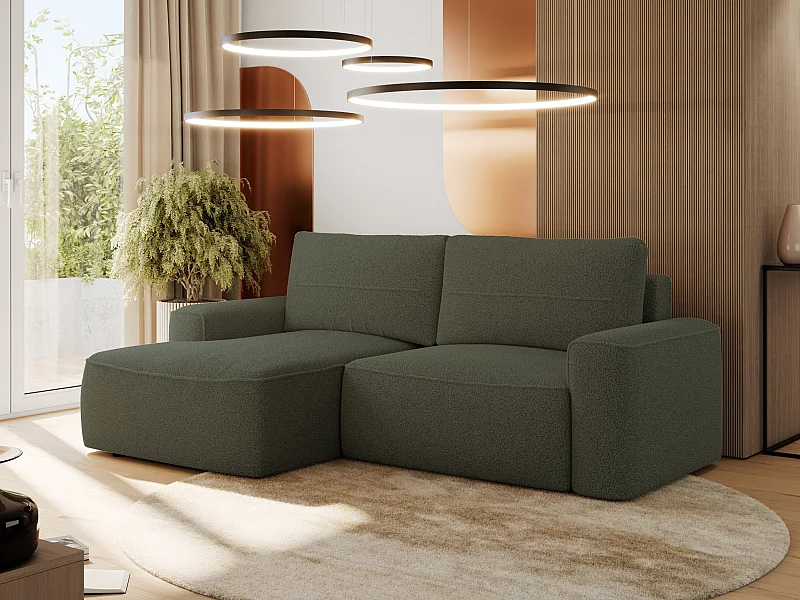 Ecksofa BELLUNO - Schlafsofa mit Bettkasten, Armlehnen, Couch L-form mit Schlaffunktion - Grün Boucle - Ecke Links