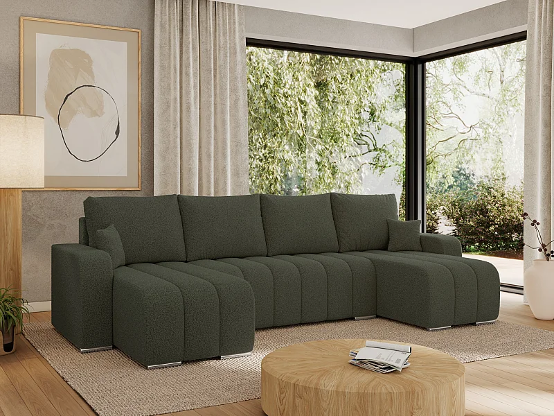 Ecksofa KIRASSO U - Wohnlandschaft, Schlaffunktion und Bettkasten, Couch U-form, lose Kissen - Grün Boucle