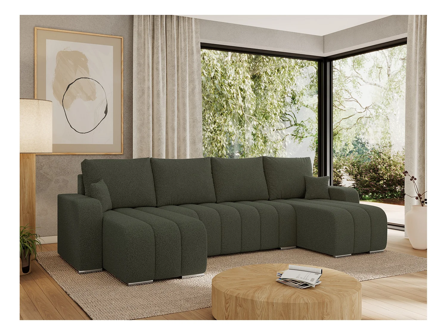 Ecksofa KIRASSO U - Wohnlandschaft, Schlaffunktion und Bettkasten, Couch U-form, lose Kissen - Grün Boucle