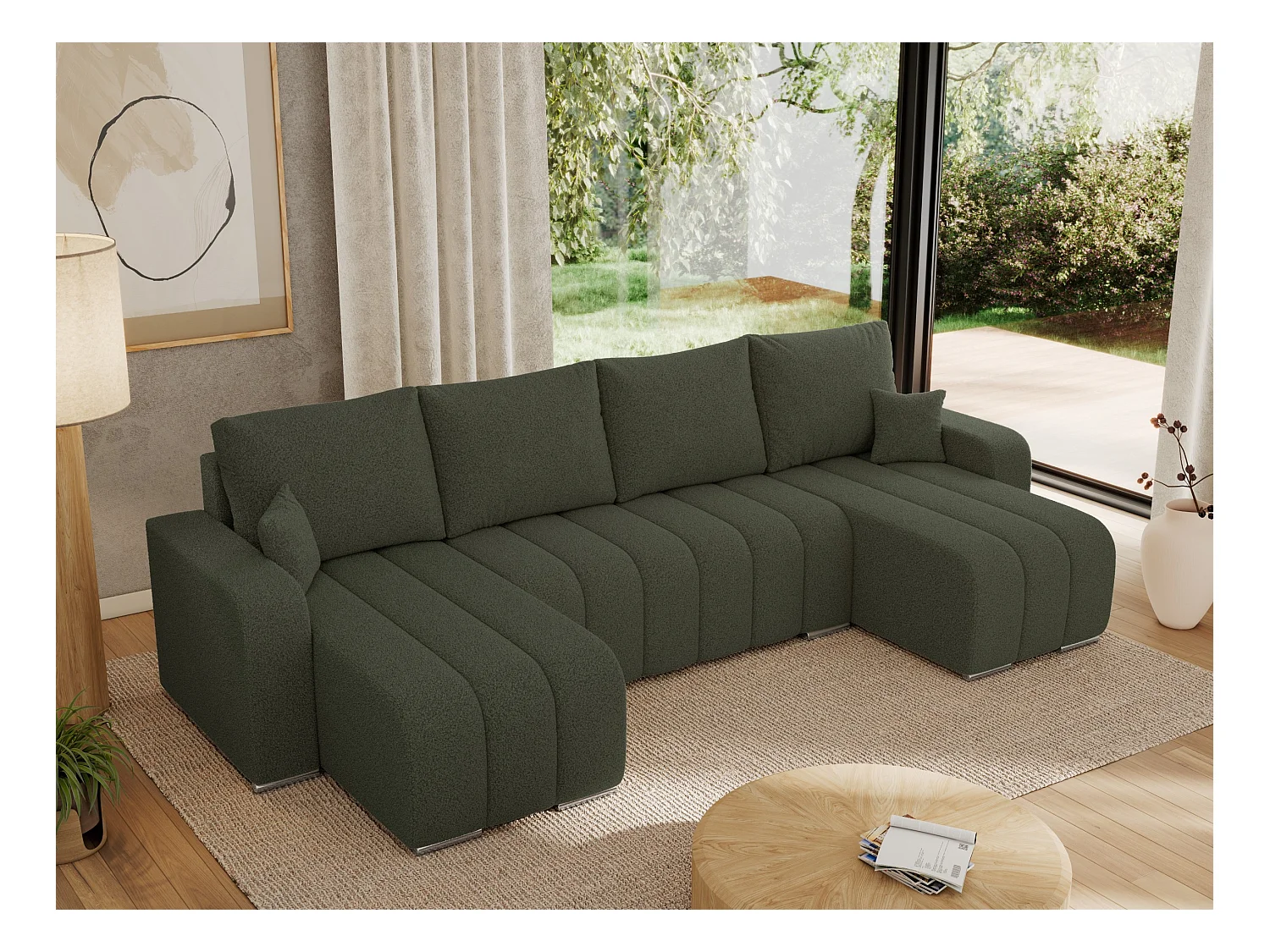 Ecksofa KIRASSO U - Wohnlandschaft, Schlaffunktion und Bettkasten, Couch U-form, lose Kissen - Grün Boucle