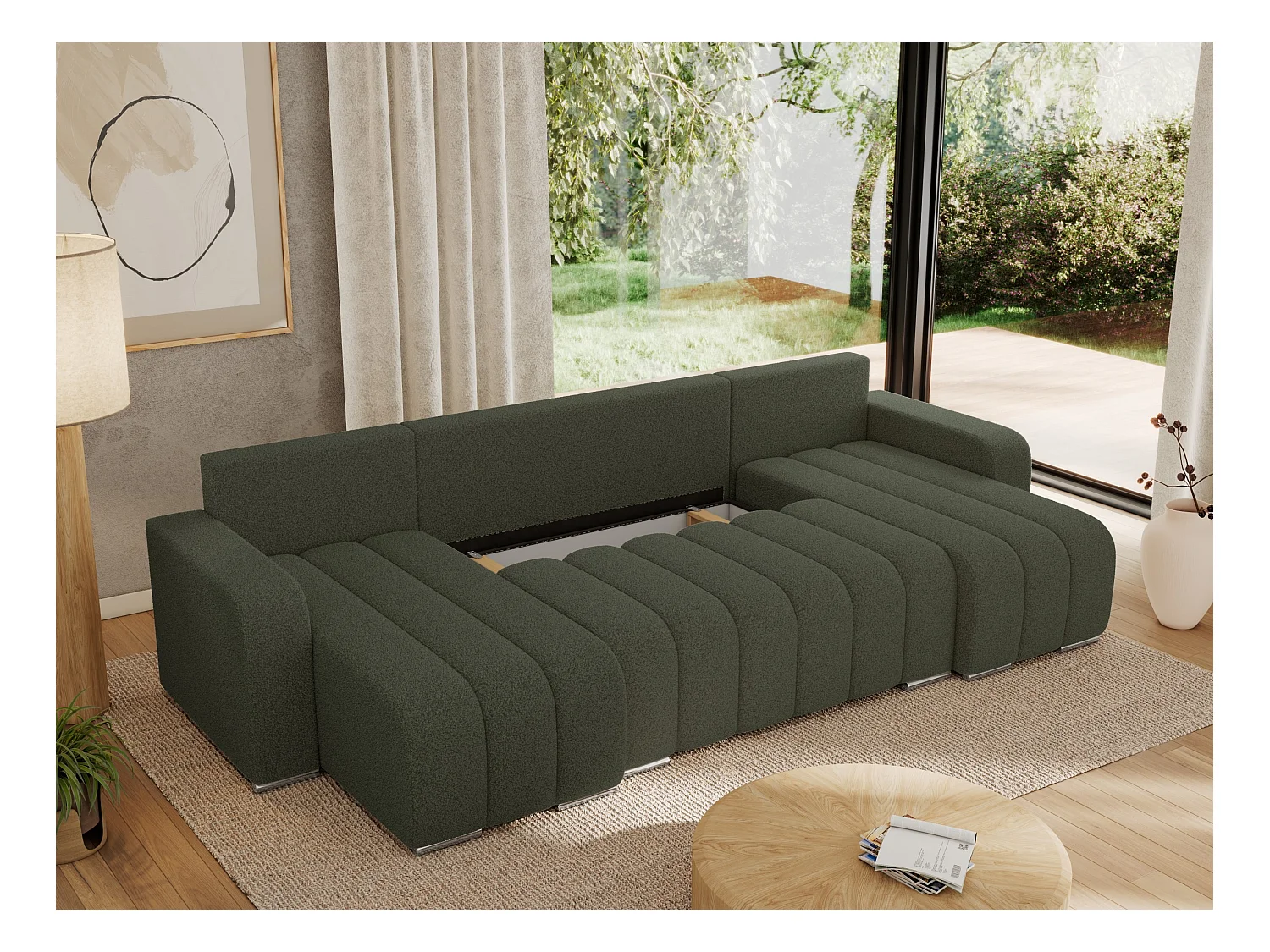 Ecksofa KIRASSO U - Wohnlandschaft, Schlaffunktion und Bettkasten, Couch U-form, lose Kissen - Grün Boucle