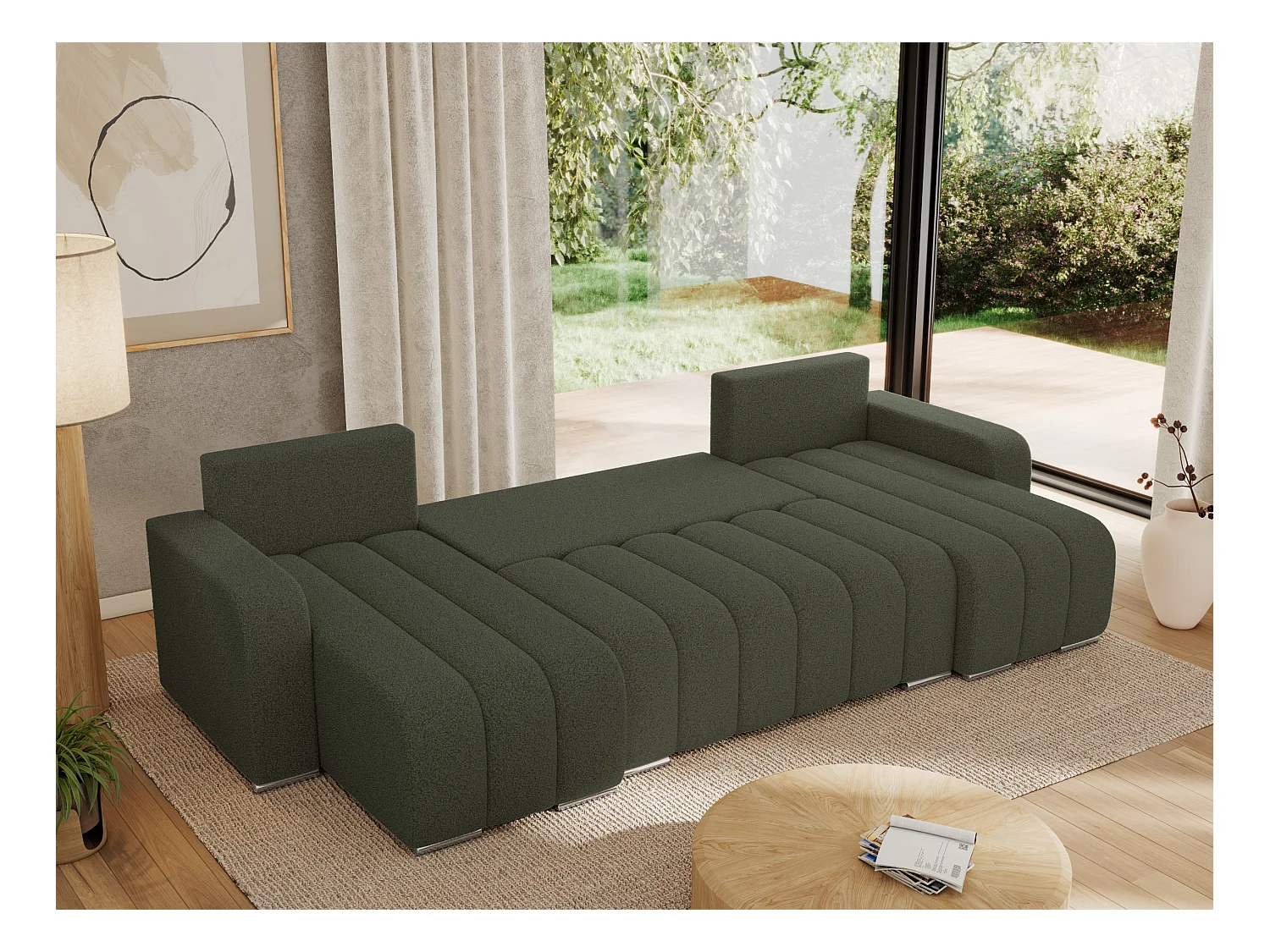 Ecksofa KIRASSO U - Wohnlandschaft, Schlaffunktion und Bettkasten, Couch U-form, lose Kissen - Grün Boucle