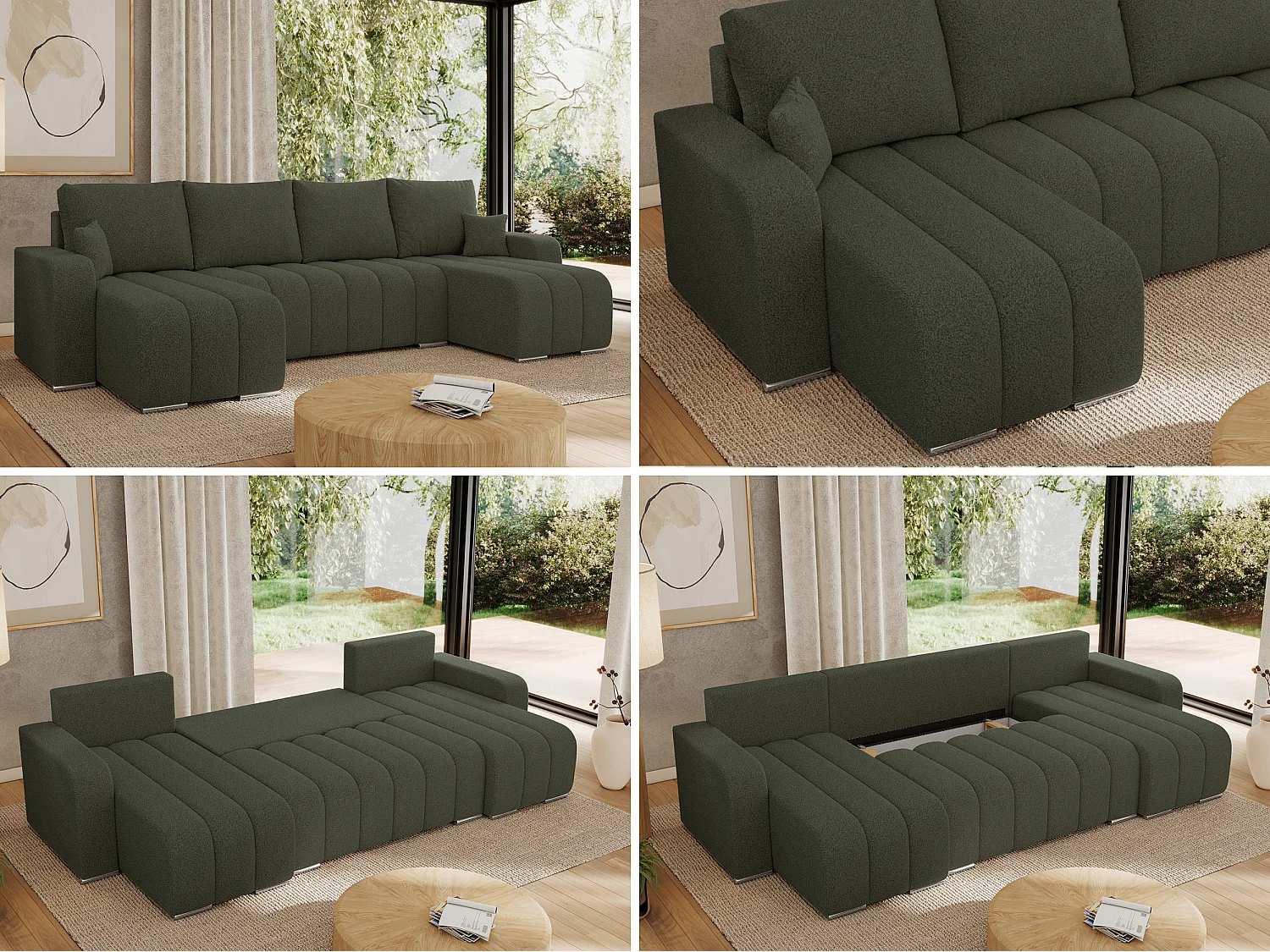 Ecksofa KIRASSO U - Wohnlandschaft, Schlaffunktion und Bettkasten, Couch U-form, lose Kissen - Grün Boucle