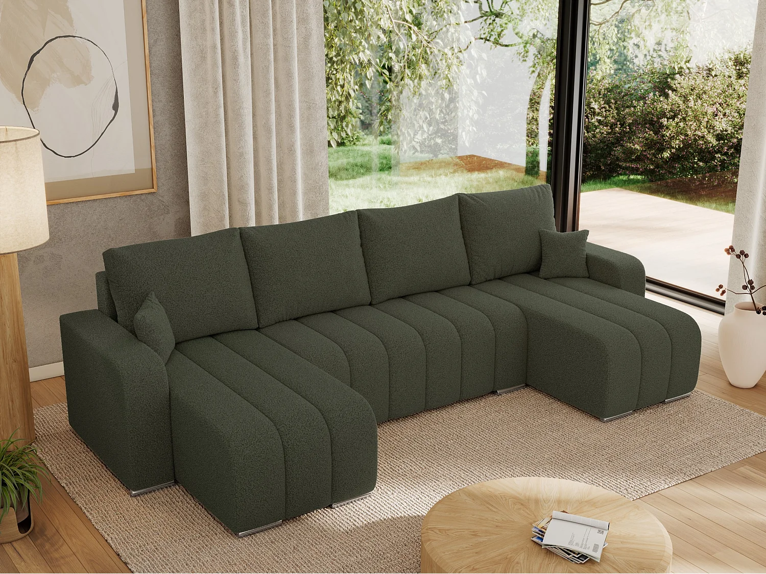 Ecksofa KIRASSO U - Wohnlandschaft, Schlaffunktion und Bettkasten, Couch U-form, lose Kissen - Grün Boucle