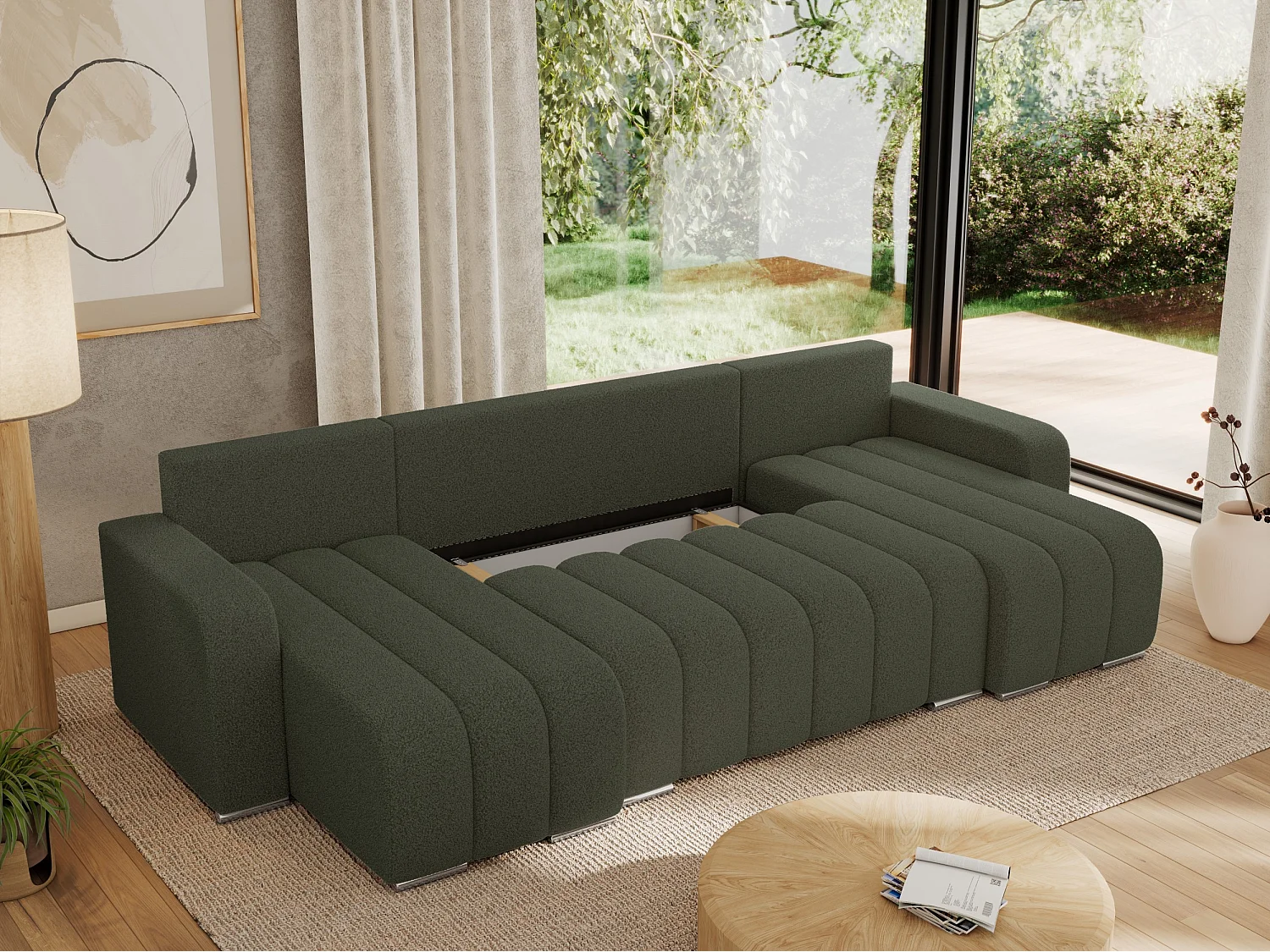 Ecksofa KIRASSO U - Wohnlandschaft, Schlaffunktion und Bettkasten, Couch U-form, lose Kissen - Grün Boucle