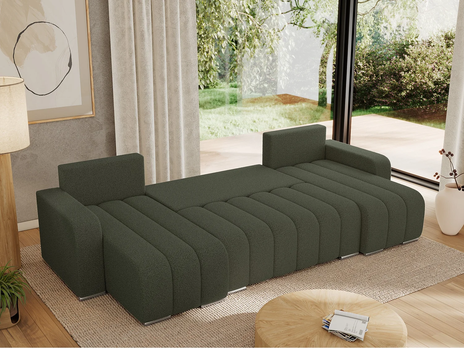 Ecksofa KIRASSO U - Wohnlandschaft, Schlaffunktion und Bettkasten, Couch U-form, lose Kissen - Grün Boucle