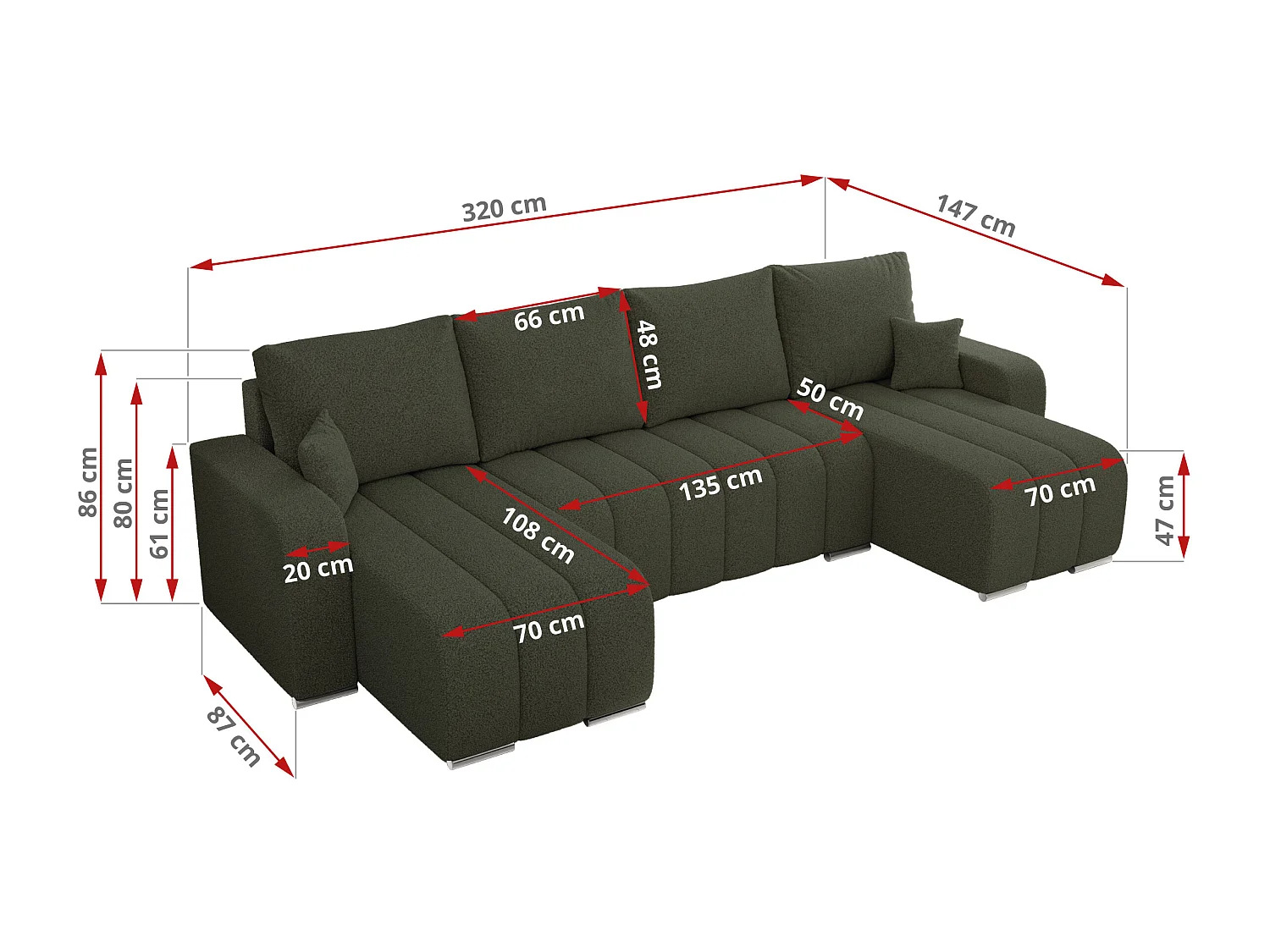 Ecksofa KIRASSO U - Wohnlandschaft, Schlaffunktion und Bettkasten, Couch U-form, lose Kissen - Grün Boucle