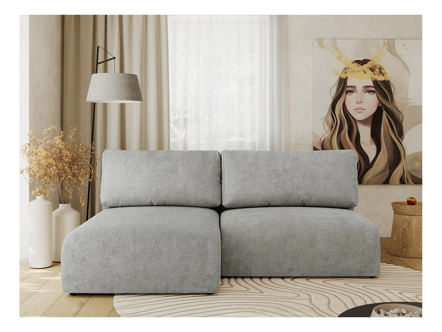 Ecksofa VIVO - L-form Couch mit Schlaffunktion und Bettkasten, Wellenfeder - Hellgrau Struktur - Ecke Links