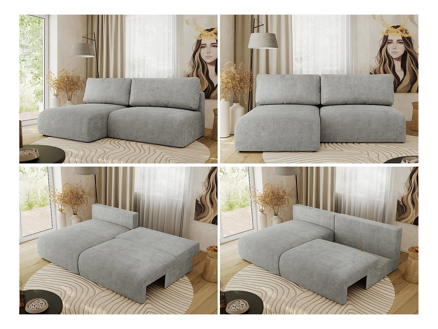 Ecksofa VIVO - L-form Couch mit Schlaffunktion und Bettkasten, Wellenfeder - Hellgrau Struktur - Ecke Links