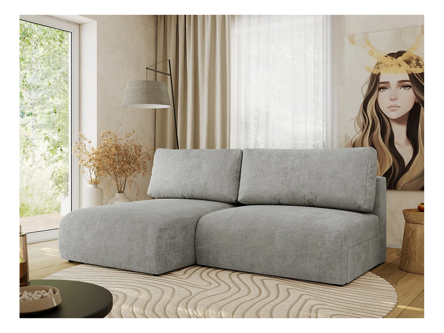 Ecksofa VIVO - L-form Couch mit Schlaffunktion und Bettkasten, Wellenfeder - Hellgrau Struktur - Ecke Links